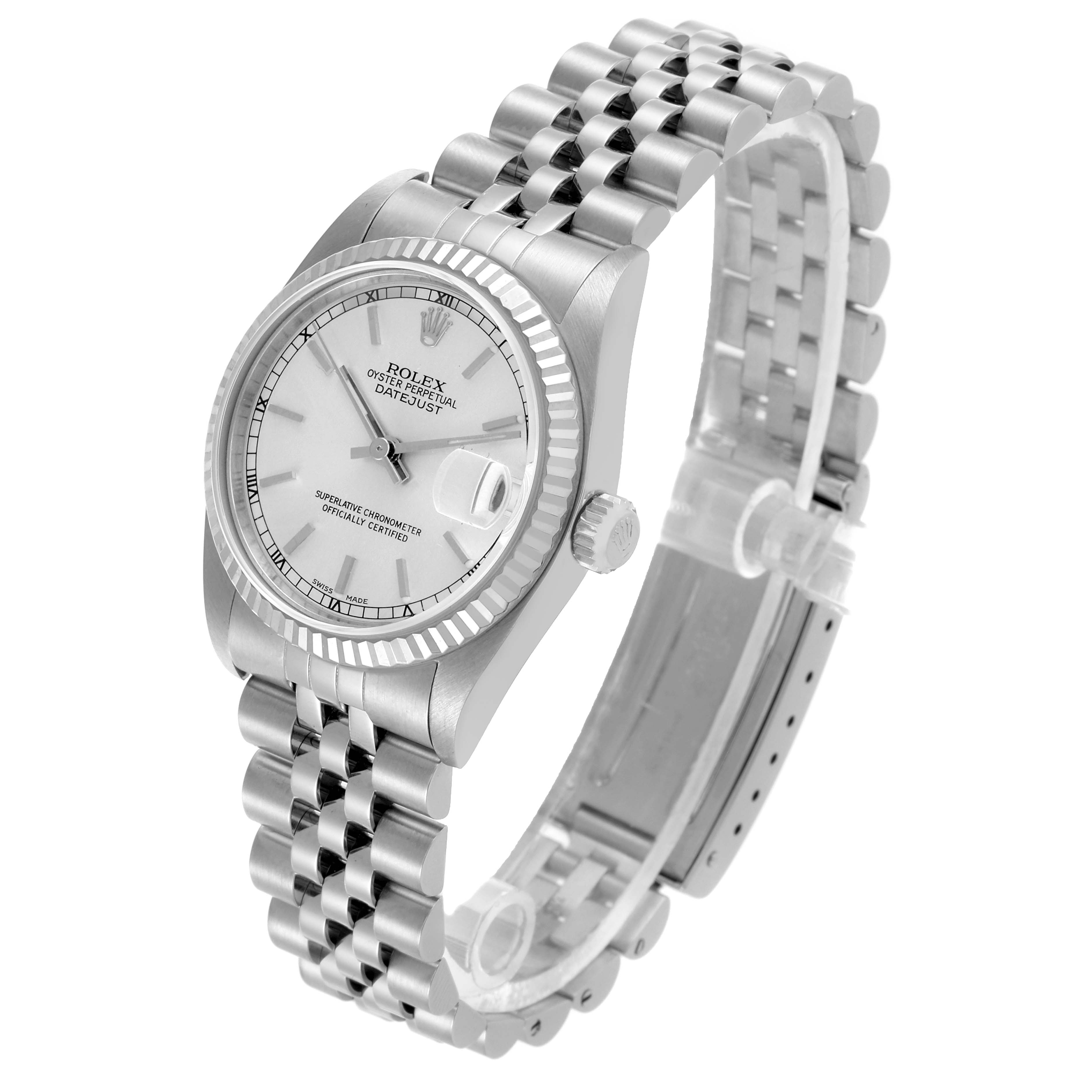 The Rolex Datejust 78274 Women's Stainless Steel Silver Dial 78274 Women's Stainless Steel Silver Dial watch is shown at a three-quarter angle, displaying the dial, bezel, case, crown, and Jubilee bracelet.