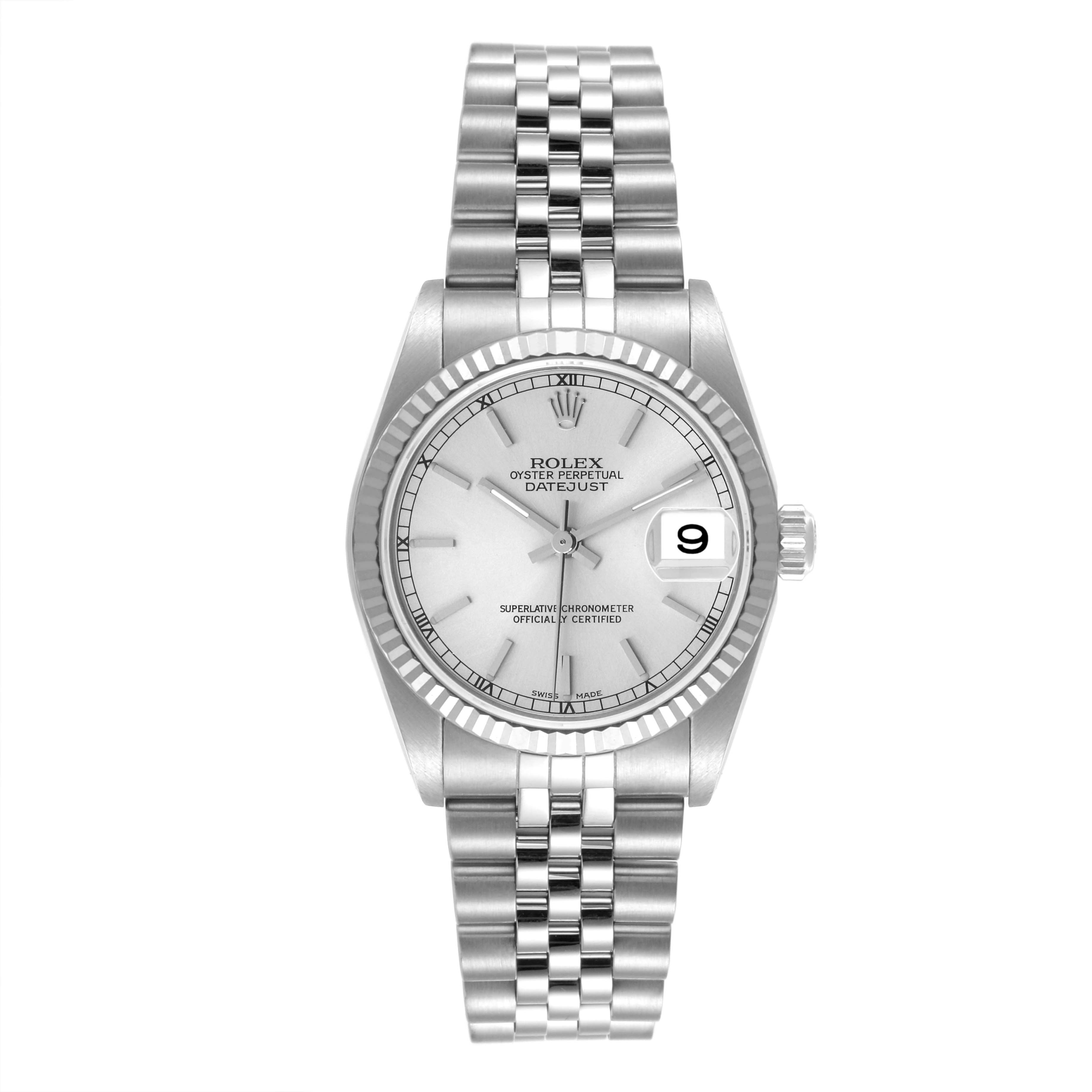 The Rolex Datejust 78274 Women's Stainless Steel Silver Dial 78274 Women's Stainless Steel Silver Dial watch is shown from a front angle, displaying the dial, bezel, and bracelet.