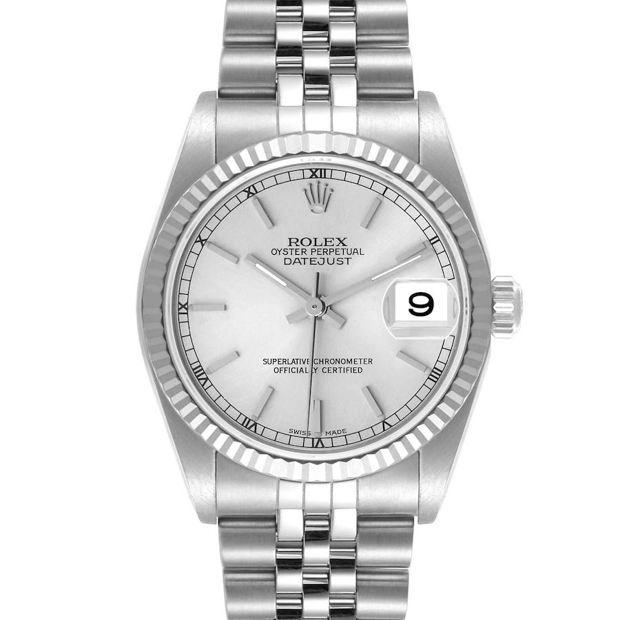 The Rolex Datejust watch is shown from a front angle, displaying the dial, bezel, and part of the bracelet.