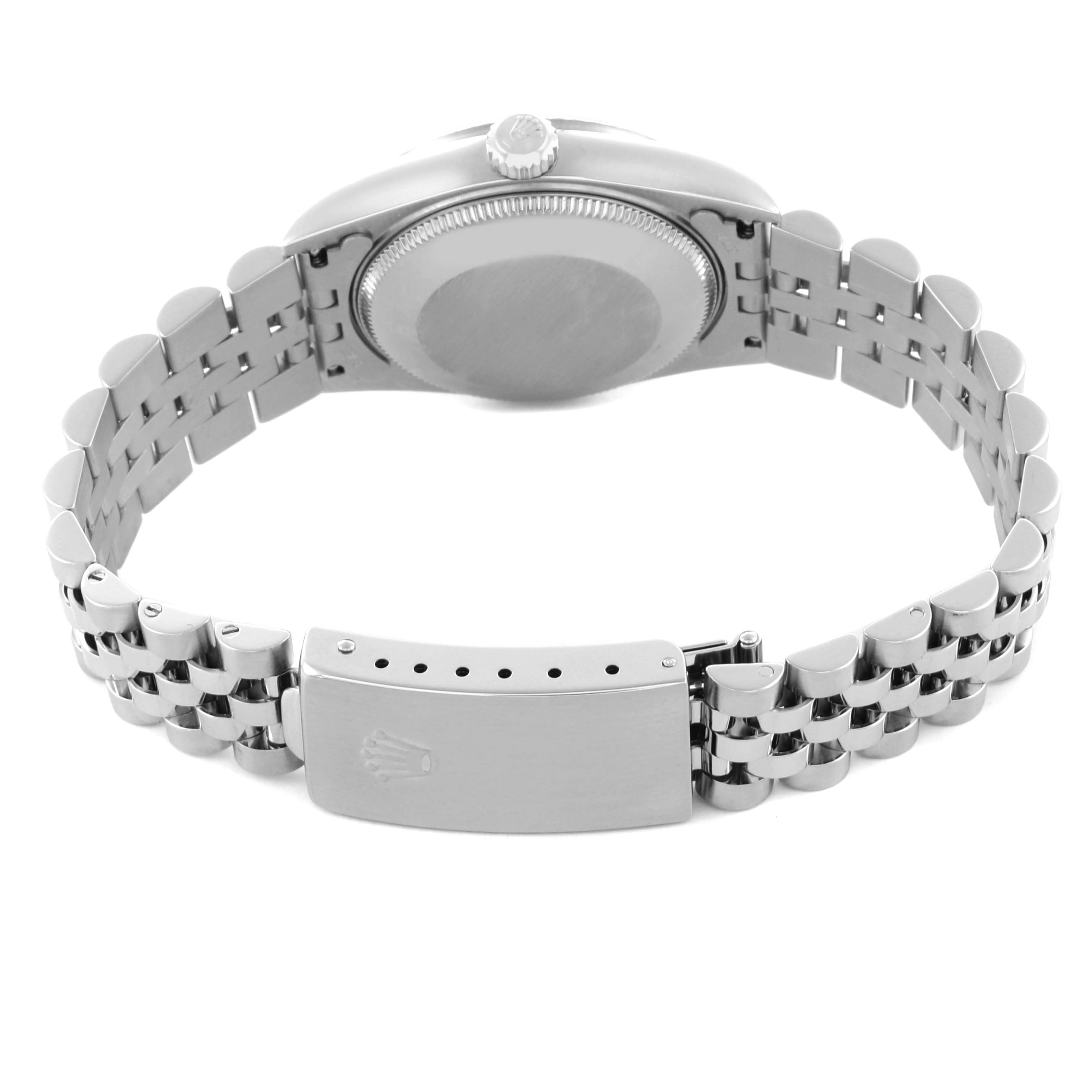 This image shows the back of a Rolex Datejust 78274 Women's Stainless Steel Silver Dial 78274 Women's Stainless Steel Silver Dial watch, highlighting the caseback and bracelet clasp from a rear angle.