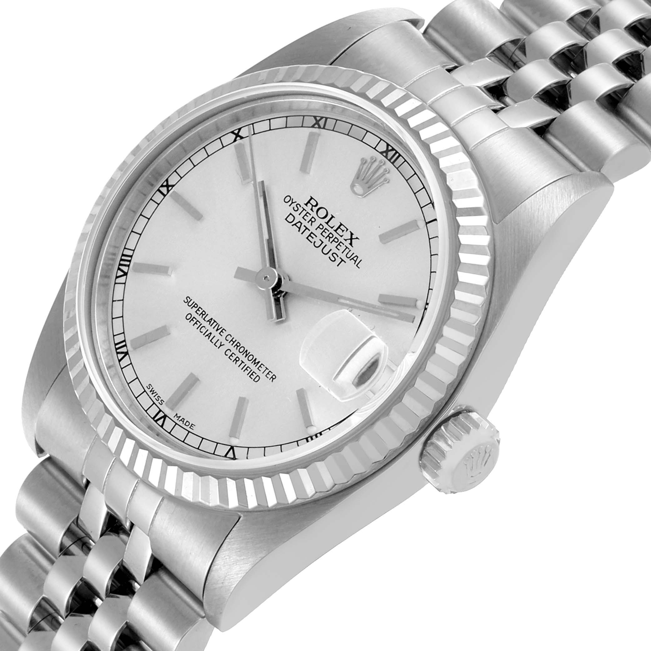 The Rolex Datejust 78274 Women's Stainless Steel Silver Dial 78274 Women's Stainless Steel Silver Dial watch is shown at a slight angle highlighting the dial, bezel, crown, and part of the bracelet.