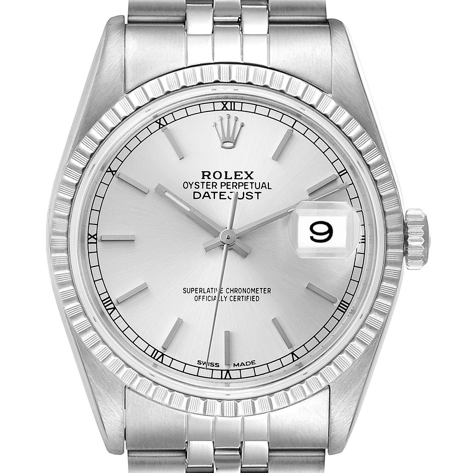 This image shows a front view of a Rolex Datejust 16220 Men's Stainless Steel Silver Dial 16220 Men's Stainless Steel Silver Dial watch, highlighting the bezel, dial, hour markers, hands, and date window.