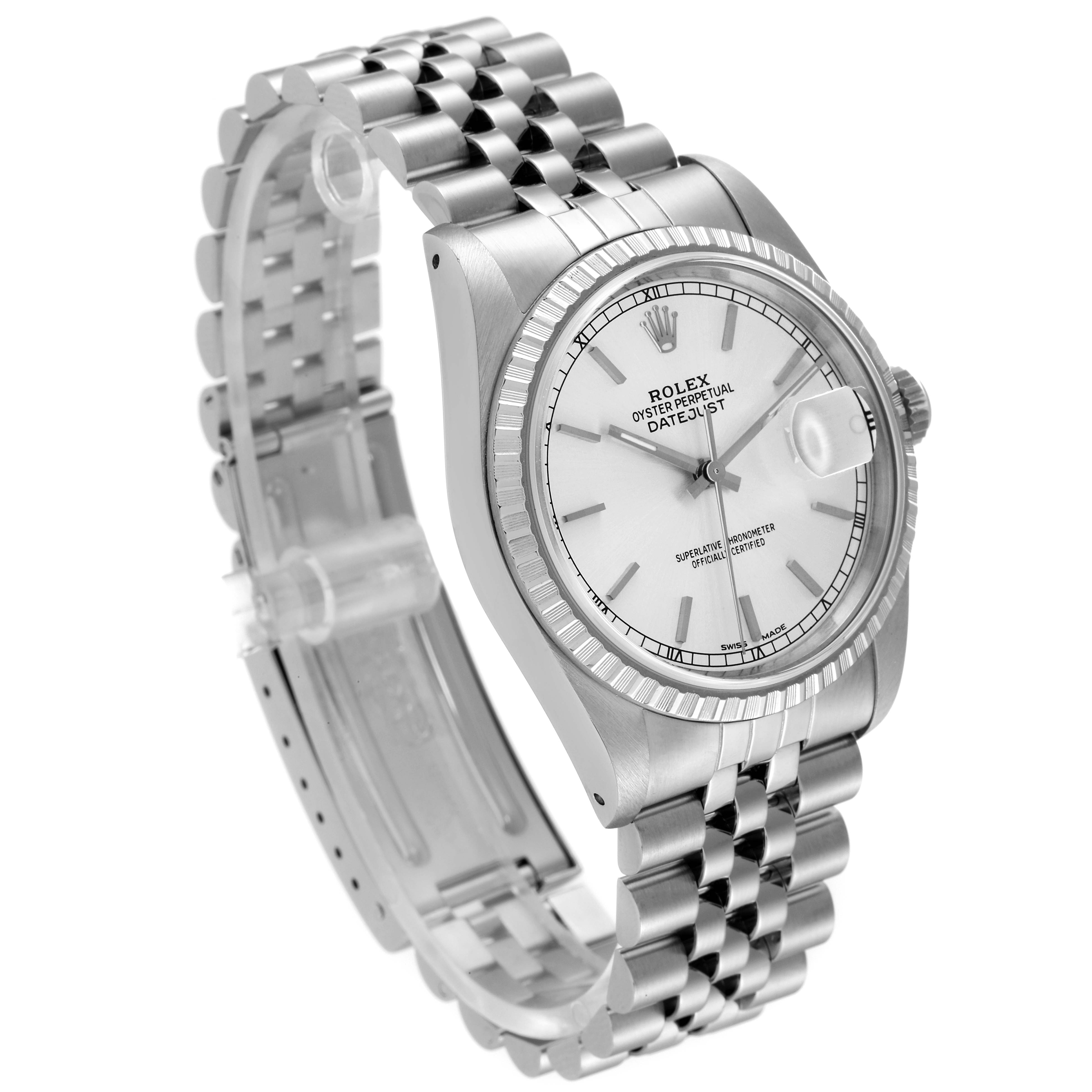 The Rolex Datejust 16220 Men's Stainless Steel Silver Dial 16220 Men's Stainless Steel Silver Dial watch is shown at a three-quarter angle, displaying the face, bracelet, and side profile.