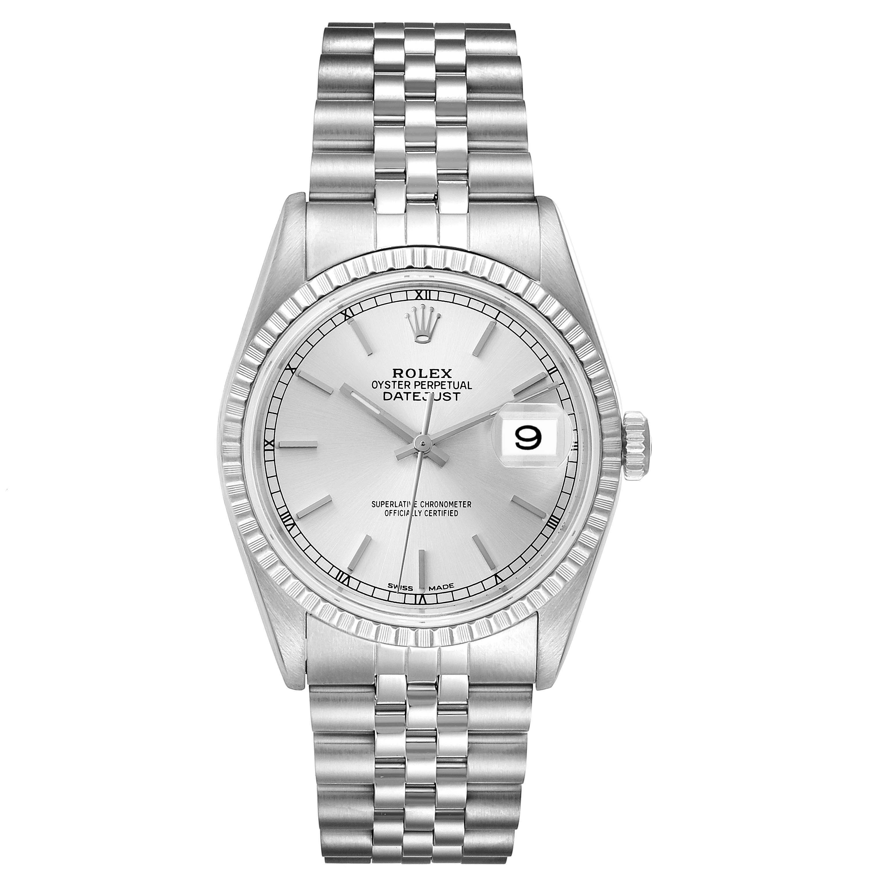 The image shows a front view of a Rolex Datejust 16220 Men's Stainless Steel Silver Dial 16220 Men's Stainless Steel Silver Dial watch with a silver dial and metal bracelet.