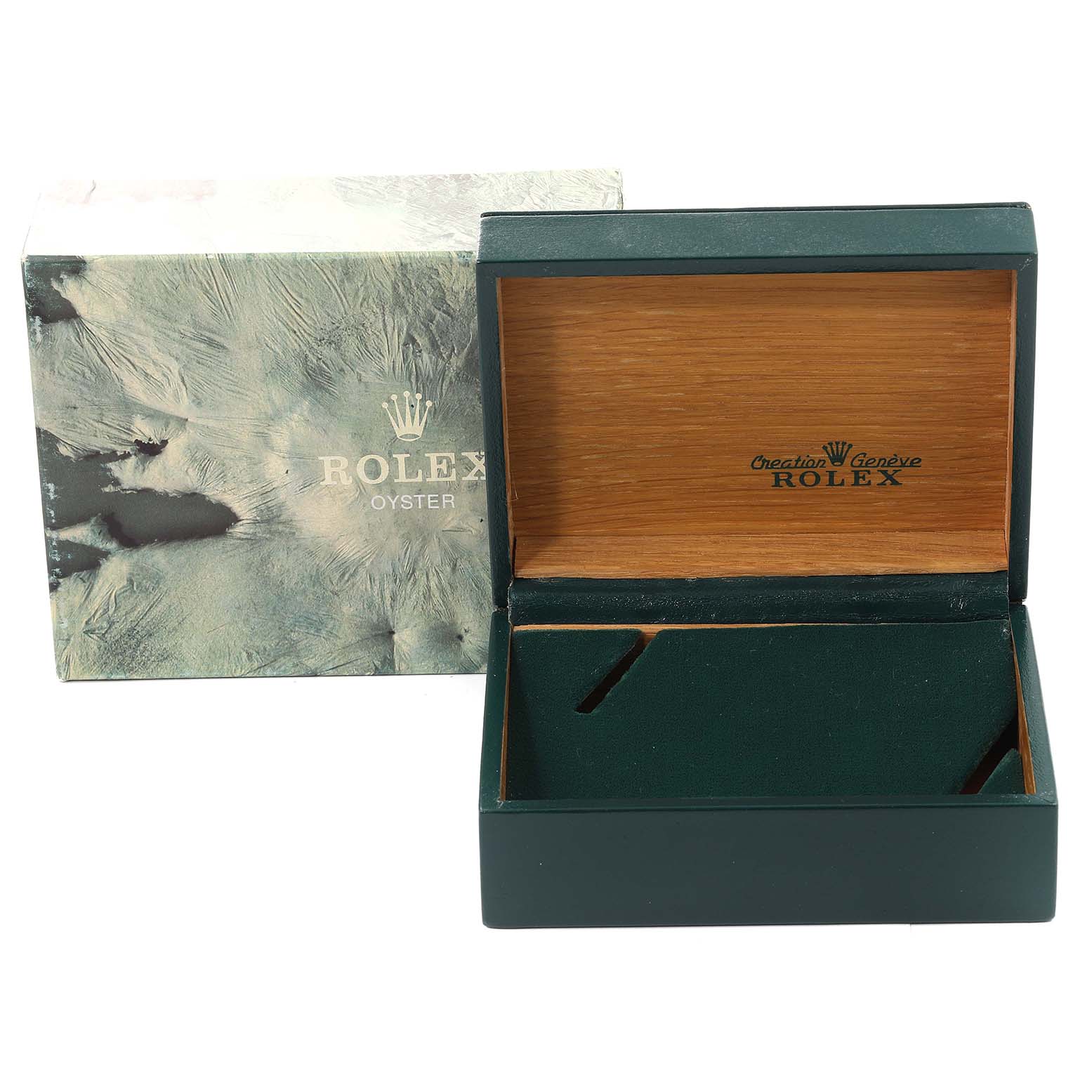 The image shows an open Rolex watch box and its outer packaging for a Datejust model.