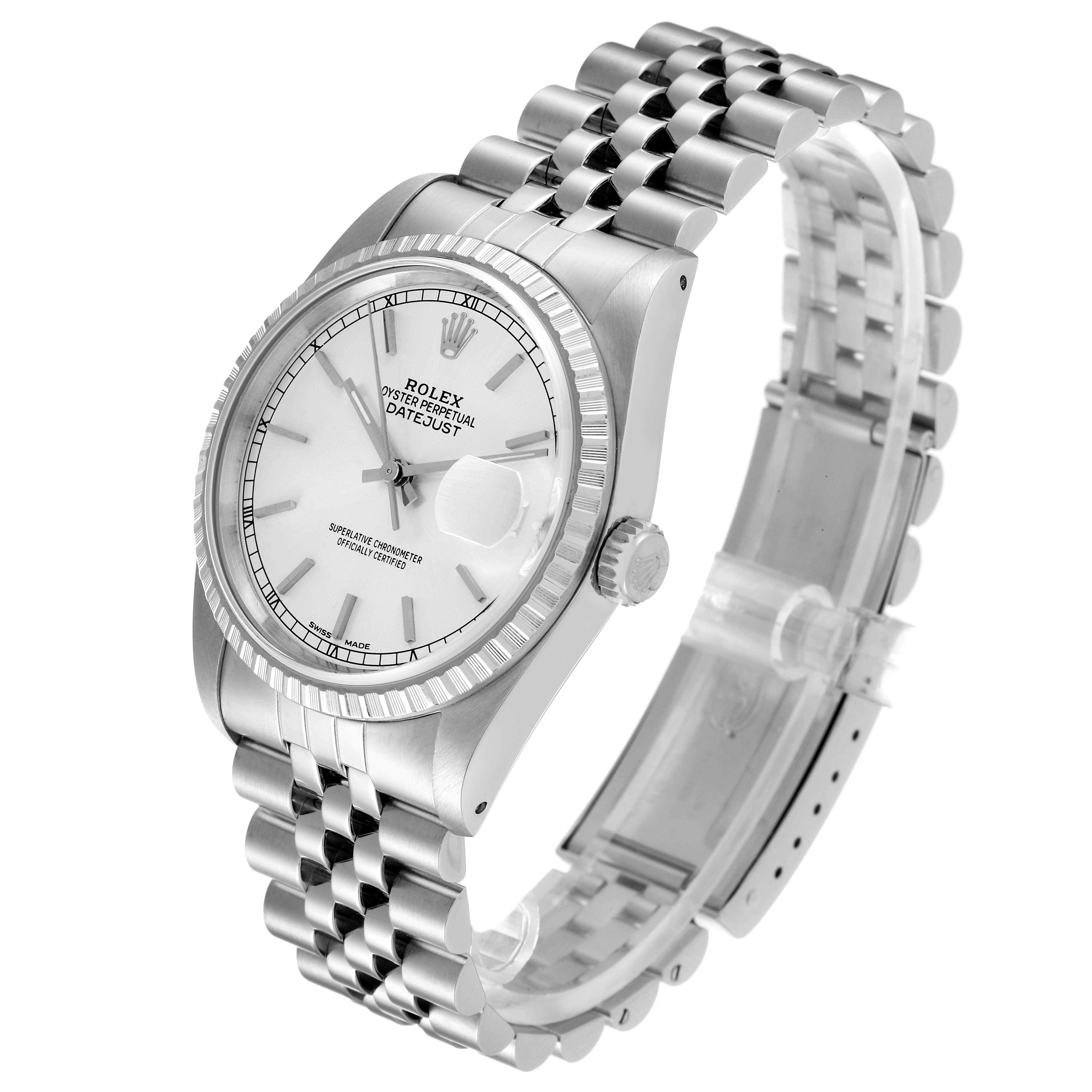 The Rolex Datejust 16220 Men's Stainless Steel Silver Dial 16220 Men's Stainless Steel Silver Dial watch is shown at a three-quarters angle, displaying the face, bezel, crown, and Jubilee bracelet.