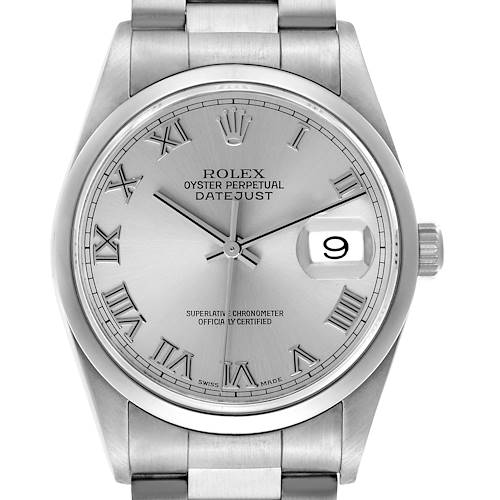 The Rolex Datejust 16200 Men's Stainless Steel Silver Dial watch is shown from a front angle, highlighting the dial, date window, and part of the bracelet.