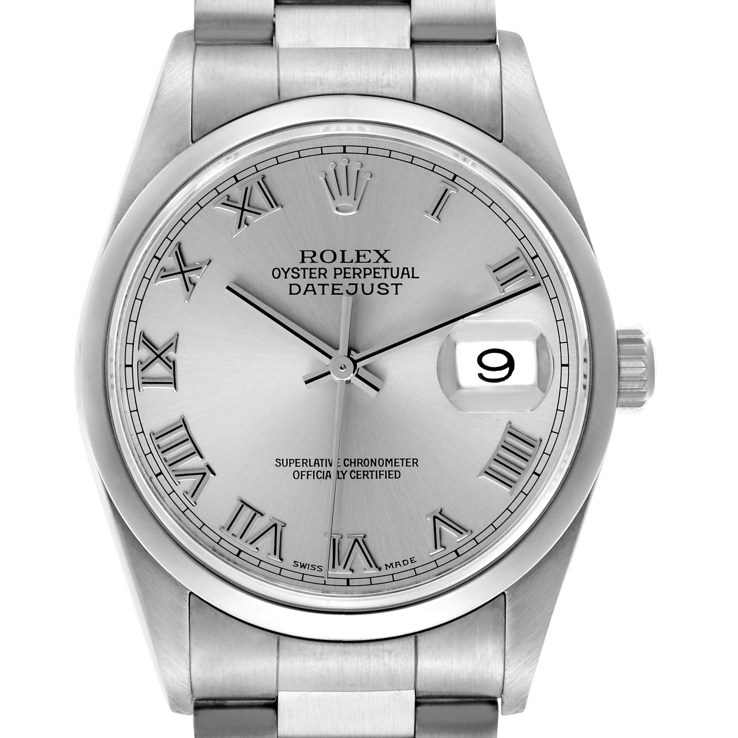 The Rolex Datejust 16200 Men's Stainless Steel Silver Dial watch is shown from the front, highlighting the dial, Roman numerals, and date magnifier.