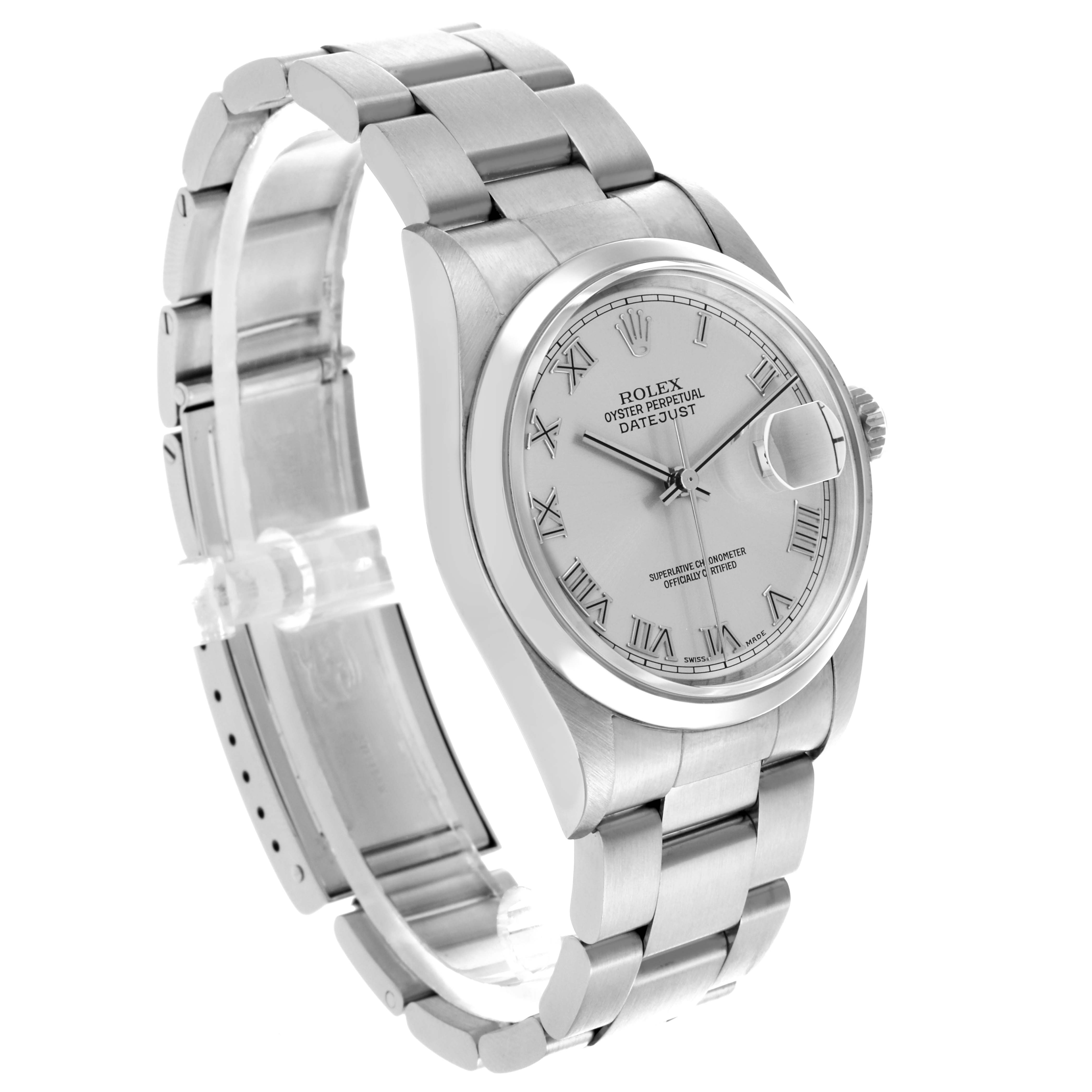 The Rolex Datejust 16200 Men's Stainless Steel Silver Dial watch is shown at a three-quarter angle, highlighting the face, bezel, and bracelet.