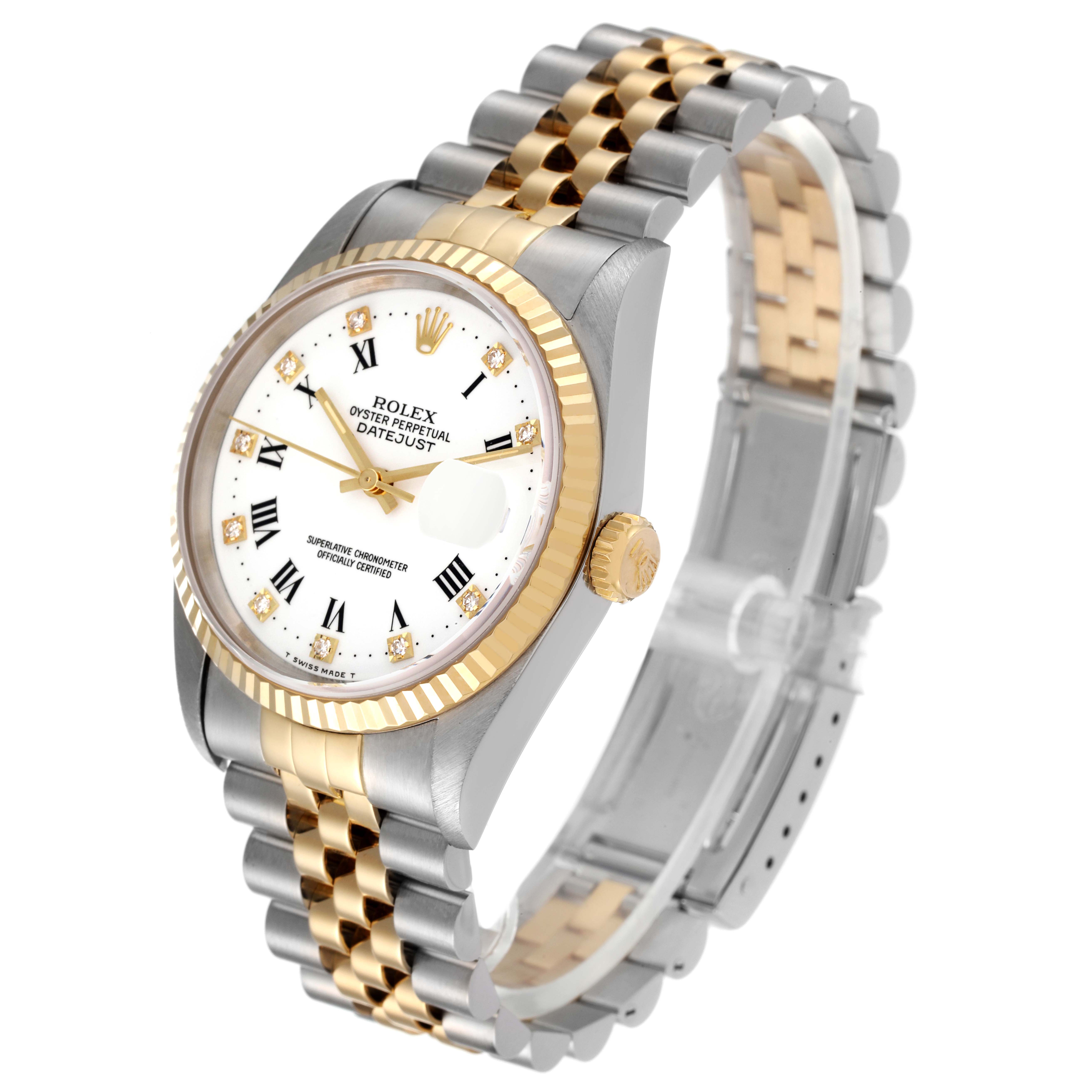 The Rolex Datejust 16233 Men's Steel and Gold (two tone) White Dial 16233 Men's Steel and Gold (two tone) White Dial watch is shown at a slight angle, displaying the face, bezel, crown, and the two-tone band.