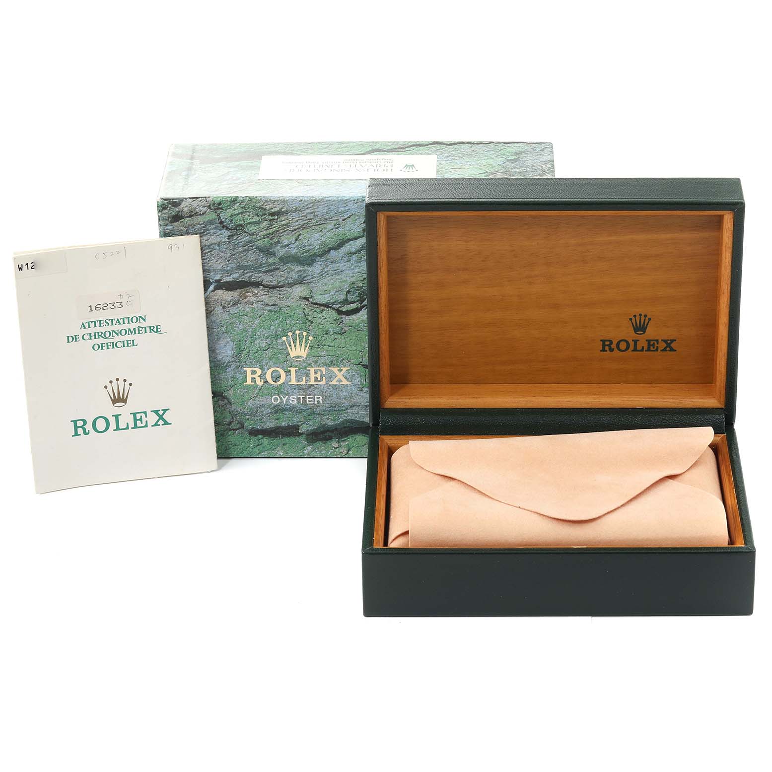 The image shows the packaging box, documentation, and inner leather pouch for the Rolex Datejust 16233 Men's Steel and Gold (two tone) White Dial 16233 Men's Steel and Gold (two tone) White Dial watch.