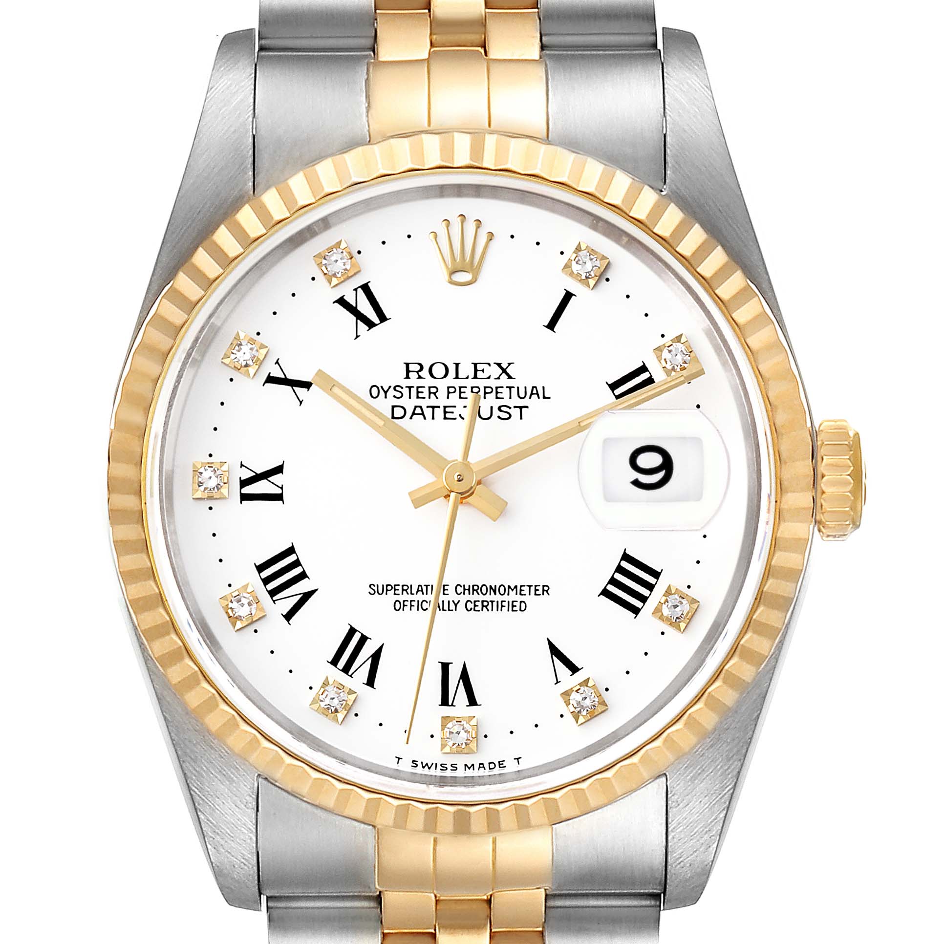 This Rolex Datejust 16233 Men's Steel and Gold (two tone) White Dial 16233 Men's Steel and Gold (two tone) White Dial watch is shown from a top-down angle highlighting the dial, bezel, and part of the two-tone bracelet.