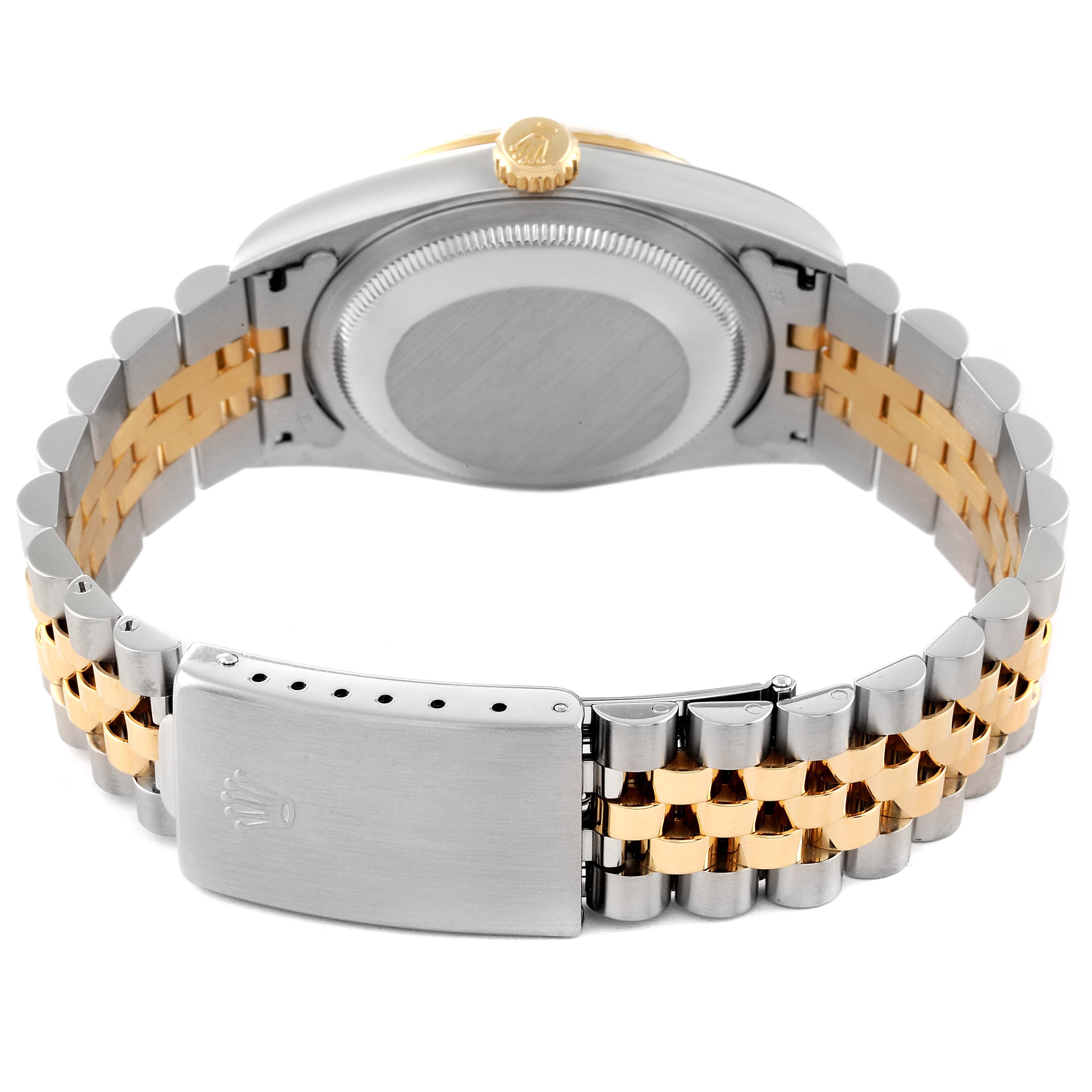 The image shows the back angle of the Rolex Datejust 16233 Men's Steel and Gold (two tone) White Dial 16233 Men's Steel and Gold (two tone) White Dial watch, focusing on the two-tone bracelet and clasp.