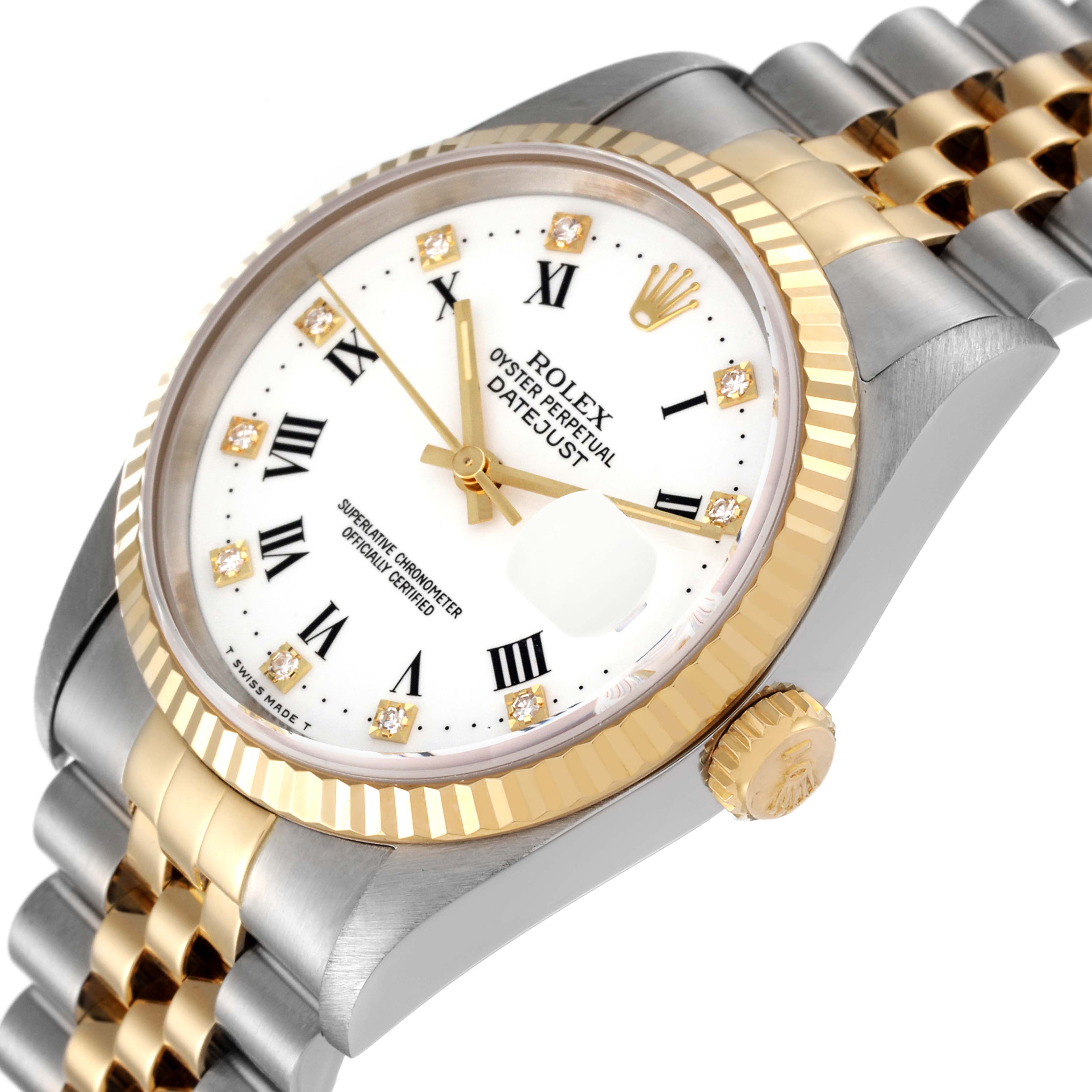 This Rolex Datejust 16233 Men's Steel and Gold (two tone) White Dial 16233 Men's Steel and Gold (two tone) White Dial watch is shown at a slight angle highlighting the dial, bezel, crown, and part of the bracelet.
