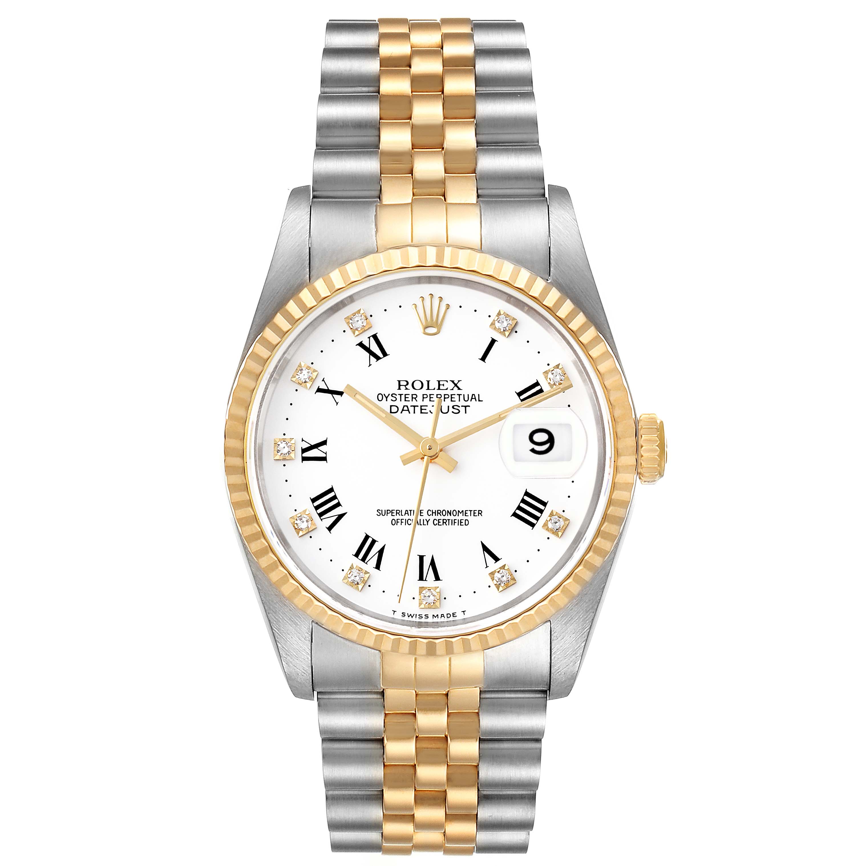 This image shows a front view of a Rolex Datejust 16233 Men's Steel and Gold (two tone) White Dial 16233 Men's Steel and Gold (two tone) White Dial watch featuring a two-tone metal bracelet and a white dial with Roman numerals.
