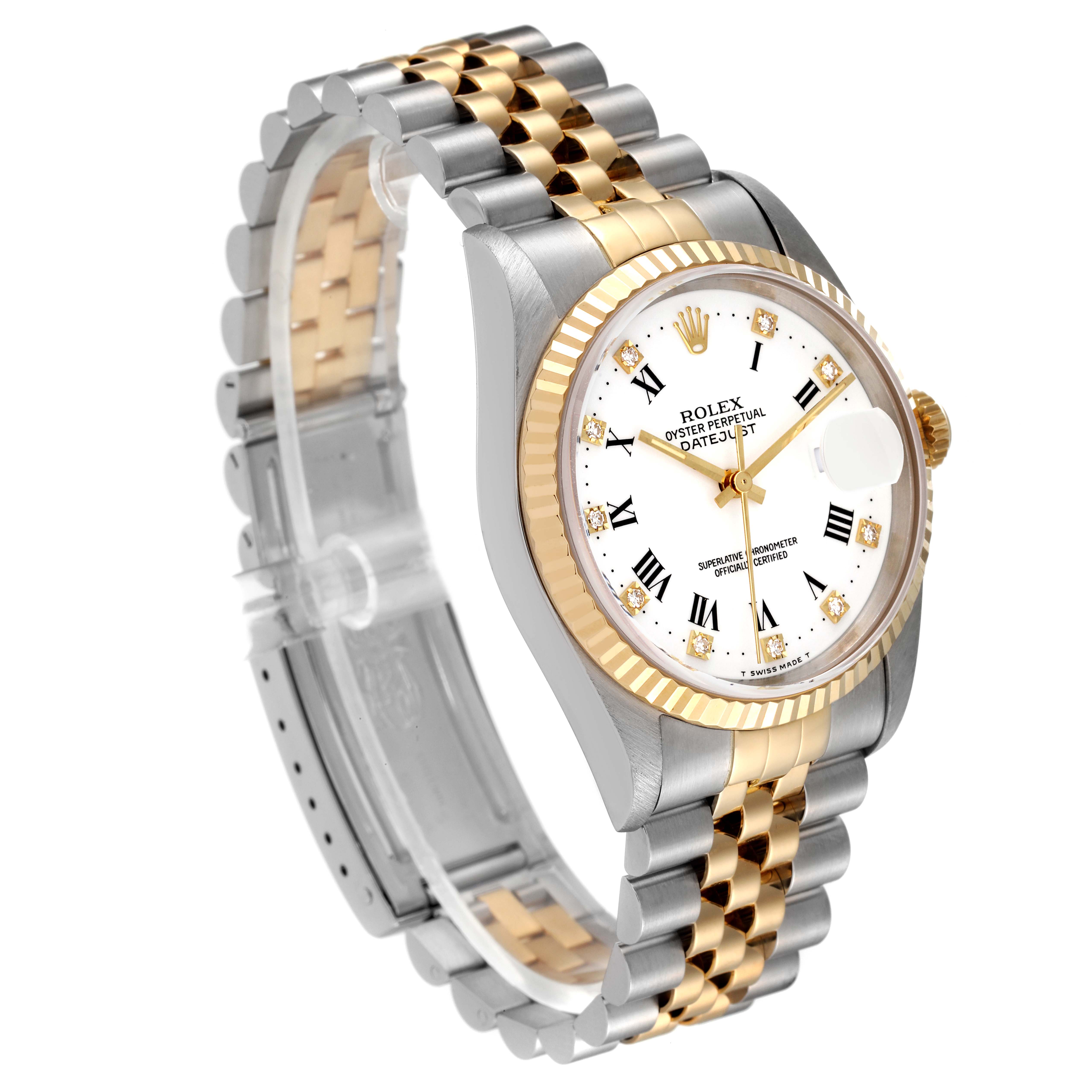 This Rolex Datejust 16233 Men's Steel and Gold (two tone) White Dial 16233 Men's Steel and Gold (two tone) White Dial watch is shown at a three-quarter angle, displaying the face, case, and part of the two-tone bracelet.