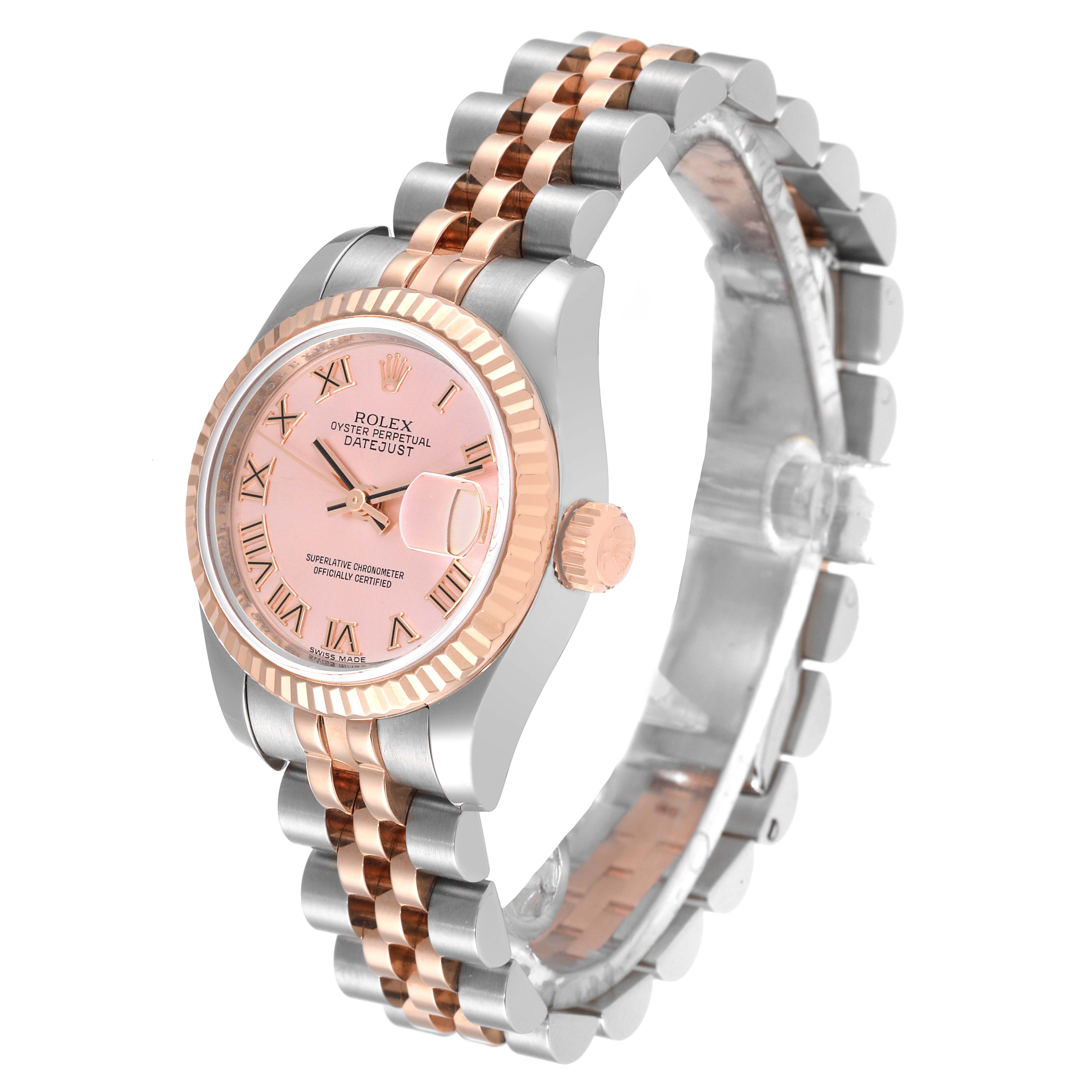 This is a side-angle view of the Rolex Datejust 179171 Women's Steel and Gold (two tone) Pink Dial 179171 Women's Steel and Gold (two tone) Pink Dial, showing the face, bezel, crown, and the Jubilee bracelet.