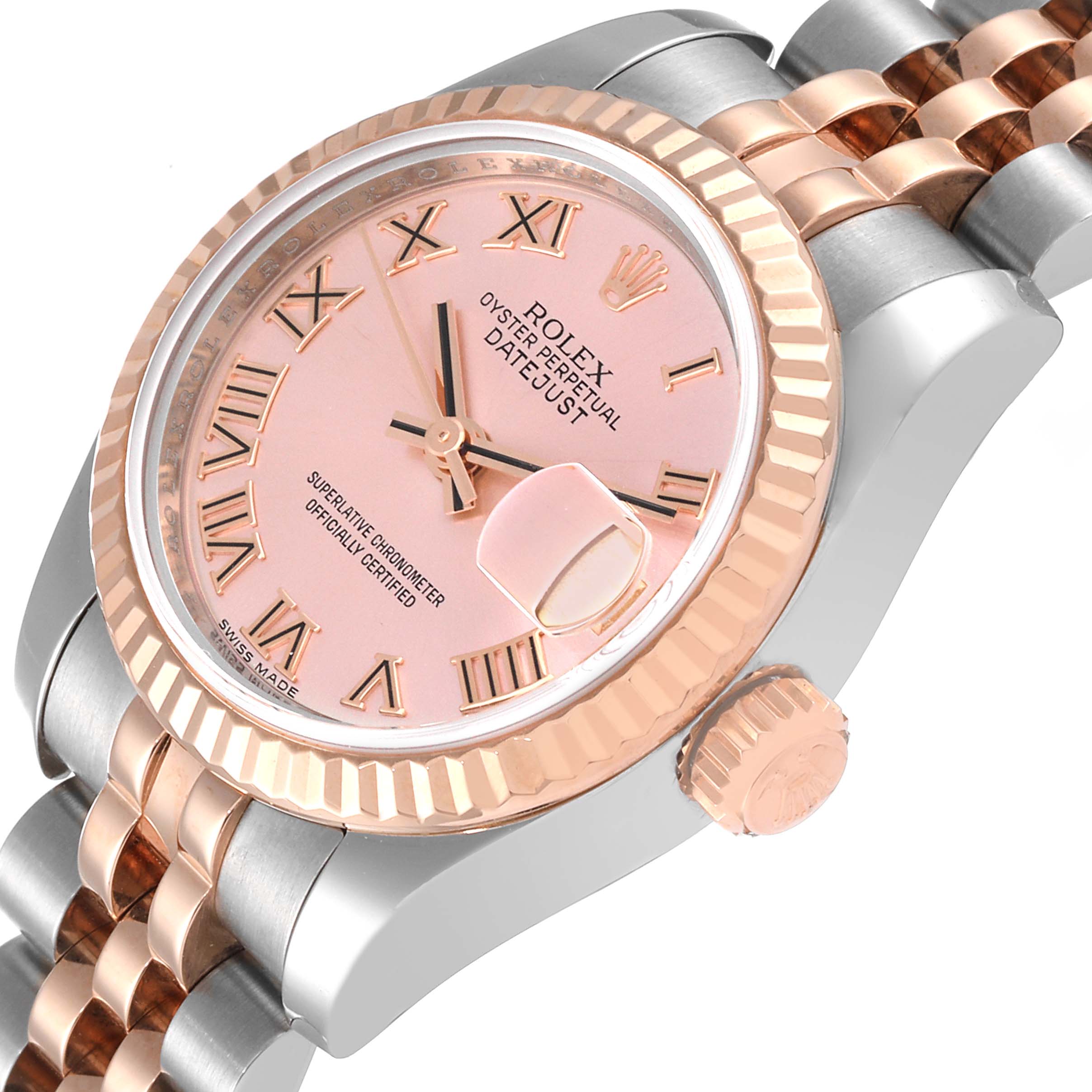 This image shows a close-up of the Rolex Datejust 179171 Women's Steel and Gold (two tone) Pink Dial 179171 Women's Steel and Gold (two tone) Pink Dial watch face, crown, and part of the jubilee bracelet from an oblique angle.
