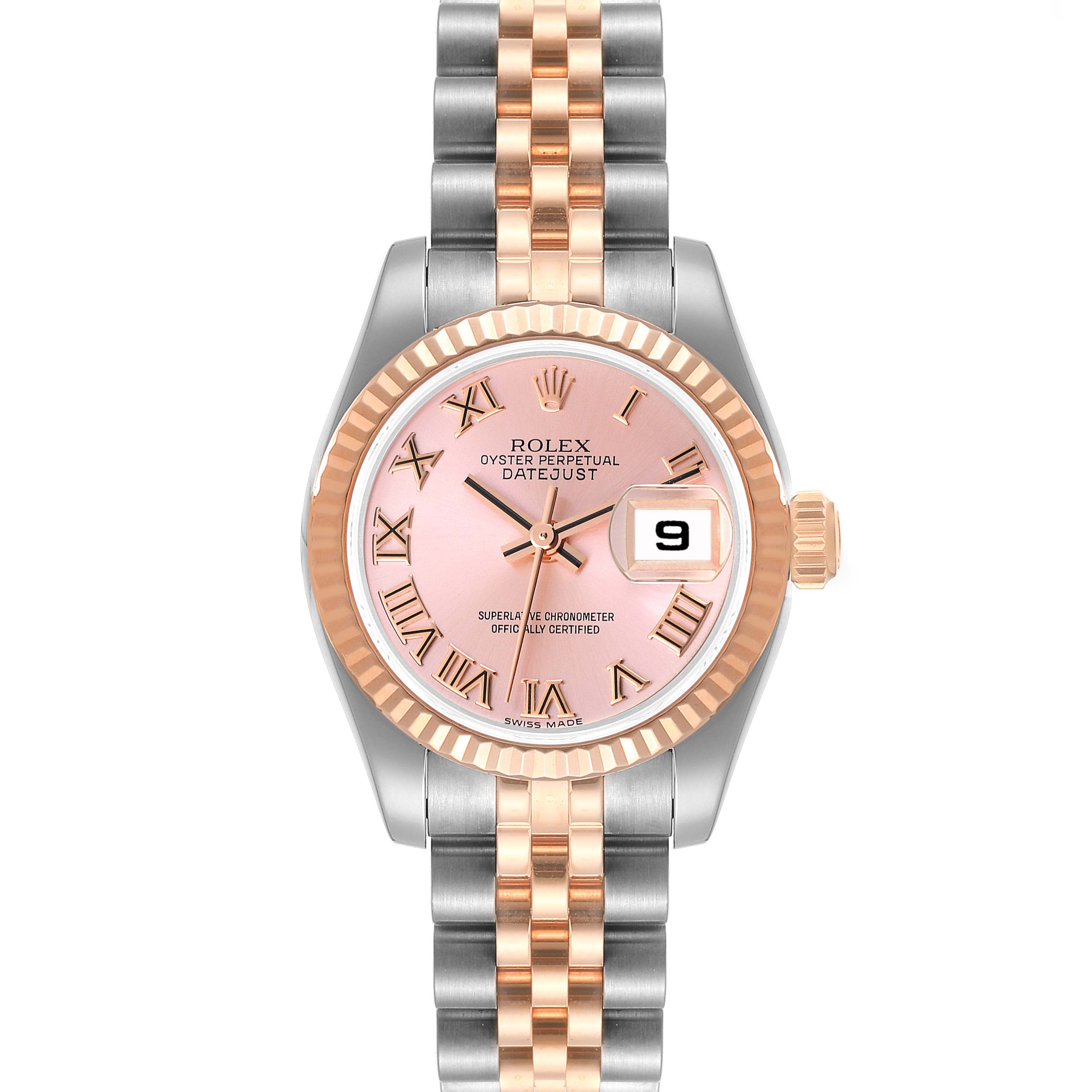This is a Rolex Datejust 179171 Women's Steel and Gold (two tone) Pink Dial 179171 Women's Steel and Gold (two tone) Pink Dial watch viewed from the front, showing the dial, bracelet, bezel, and date window.