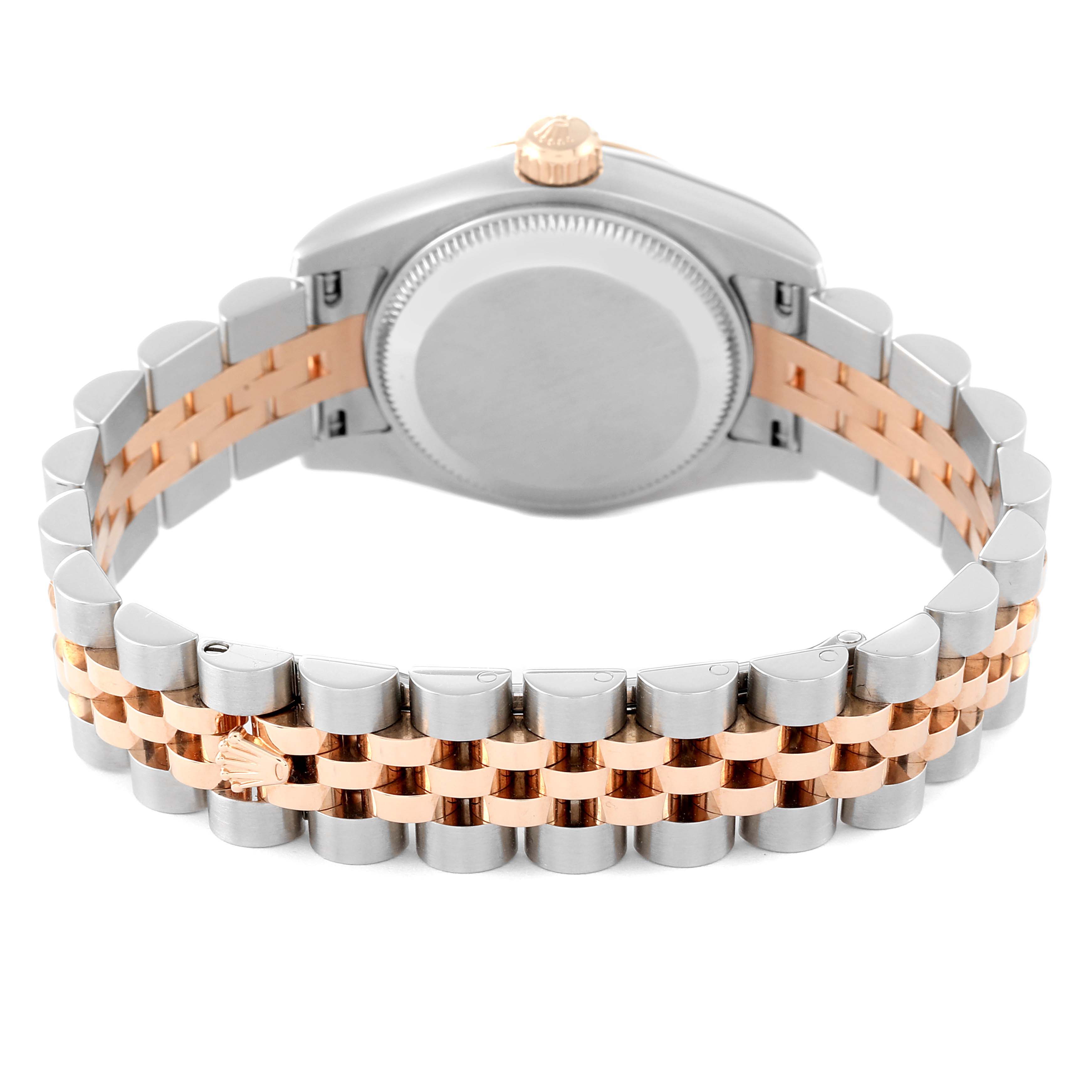 This image shows the back view of a Rolex Datejust 179171 Women's Steel and Gold (two tone) Pink Dial 179171 Women's Steel and Gold (two tone) Pink Dial watch, focusing on the caseback and two-tone bracelet.