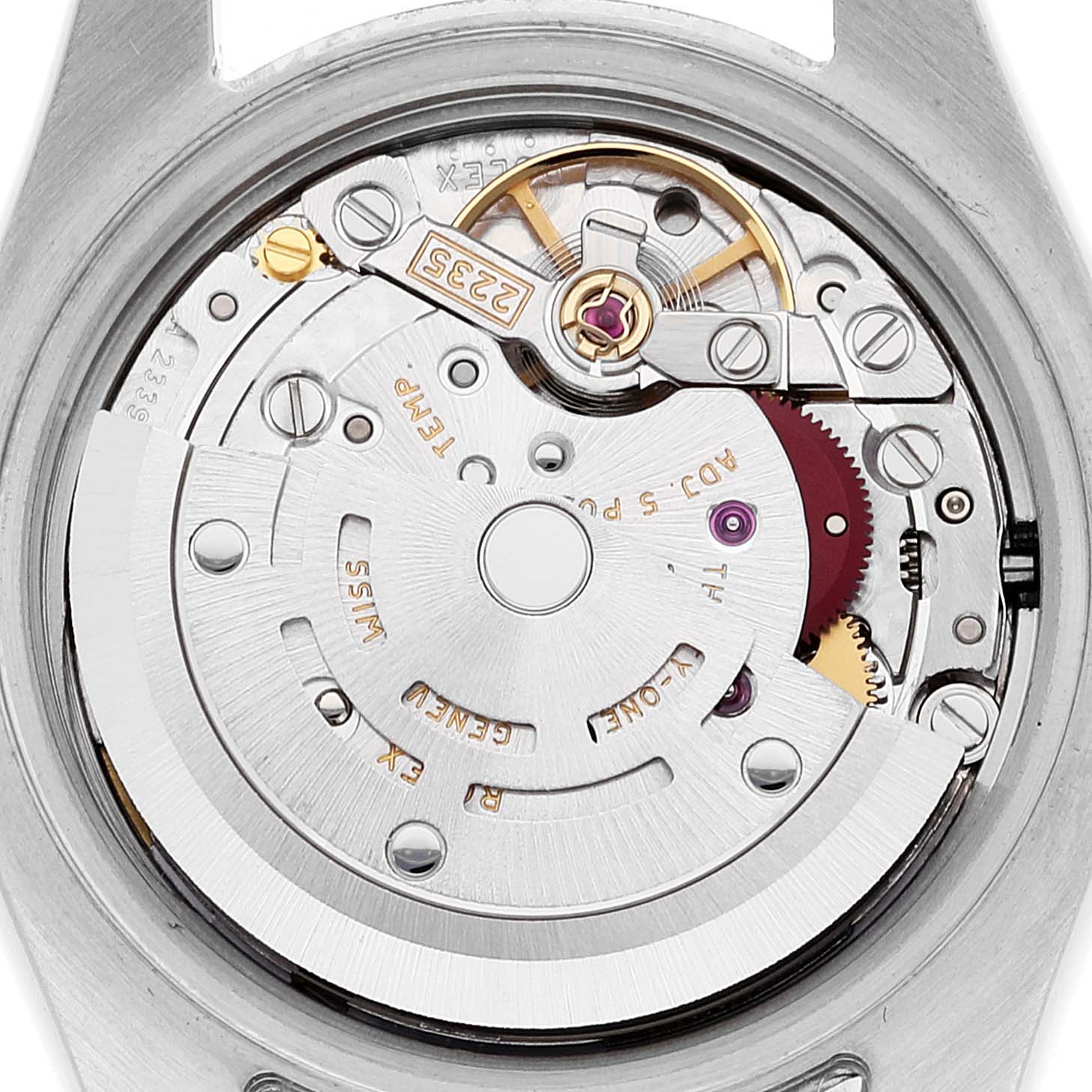 The image shows the movement mechanism of a Rolex Datejust 179171 Women's Steel and Gold (two tone) Pink Dial 179171 Women's Steel and Gold (two tone) Pink Dial watch from the back.