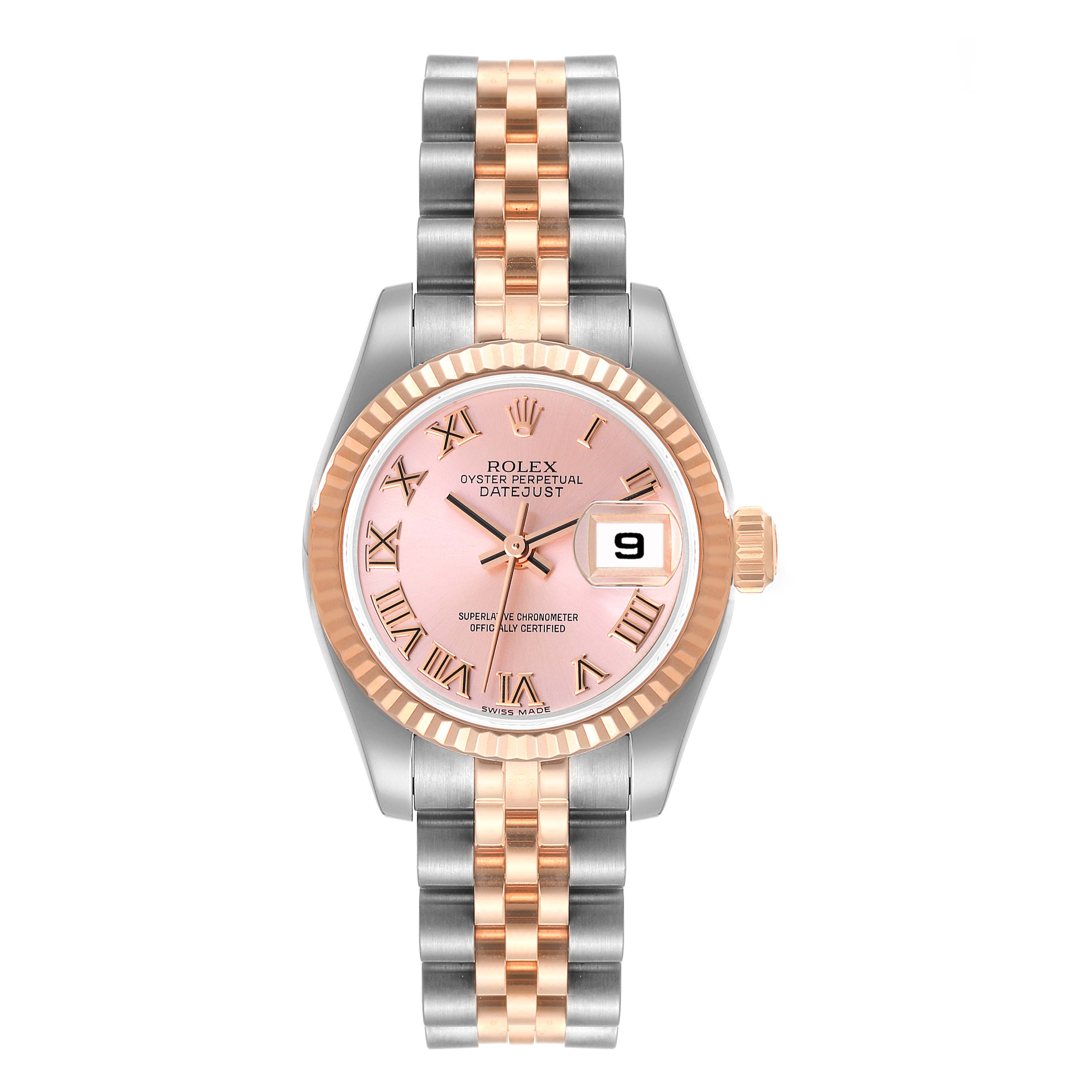 The image shows a frontal view of a Rolex Datejust 179171 Women's Steel and Gold (two tone) Pink Dial 179171 Women's Steel and Gold (two tone) Pink Dial watch, displaying its dial, bezel, crown, and jubilee bracelet.