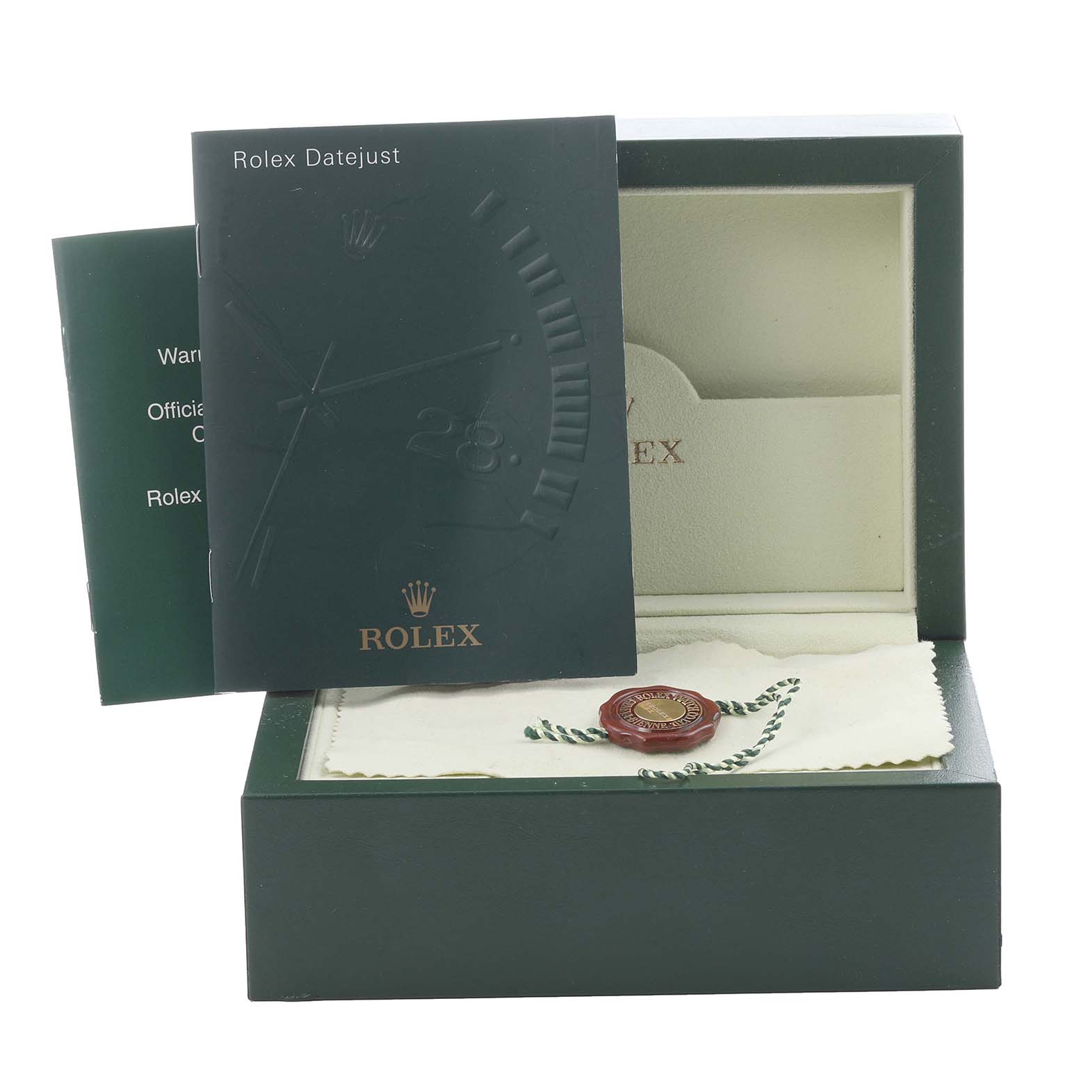 The image shows the packaging, booklet, and tag of a Rolex Datejust 179174 Women
s Stainless Steel Black Dial 179174 Women
s Stainless Steel Black Dial watch, viewed from the front.