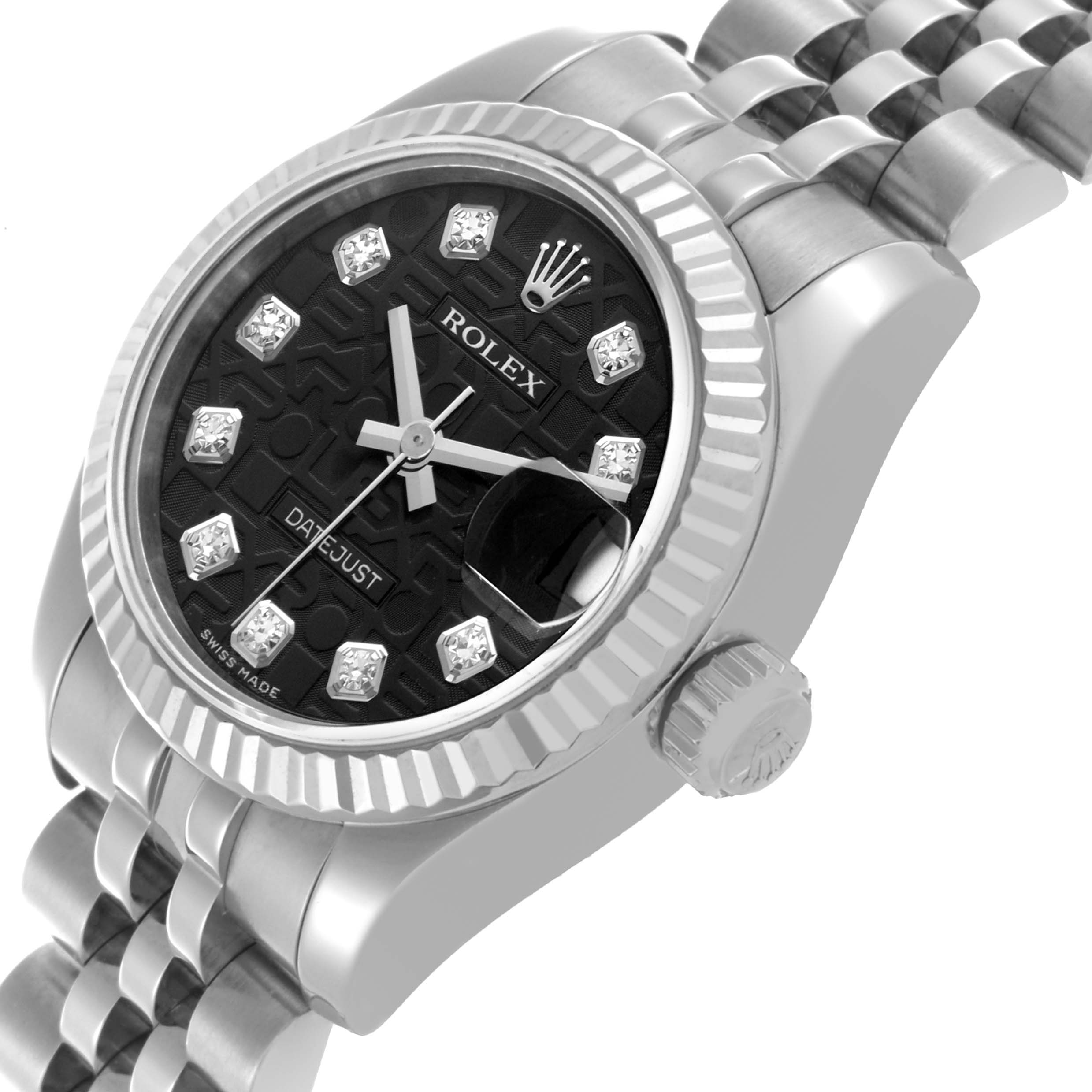 The Rolex Datejust 179174 Women
s Stainless Steel Black Dial 179174 Women
s Stainless Steel Black Dial watch is shown at an angled view with the face, bezel, and bracelet prominently visible.