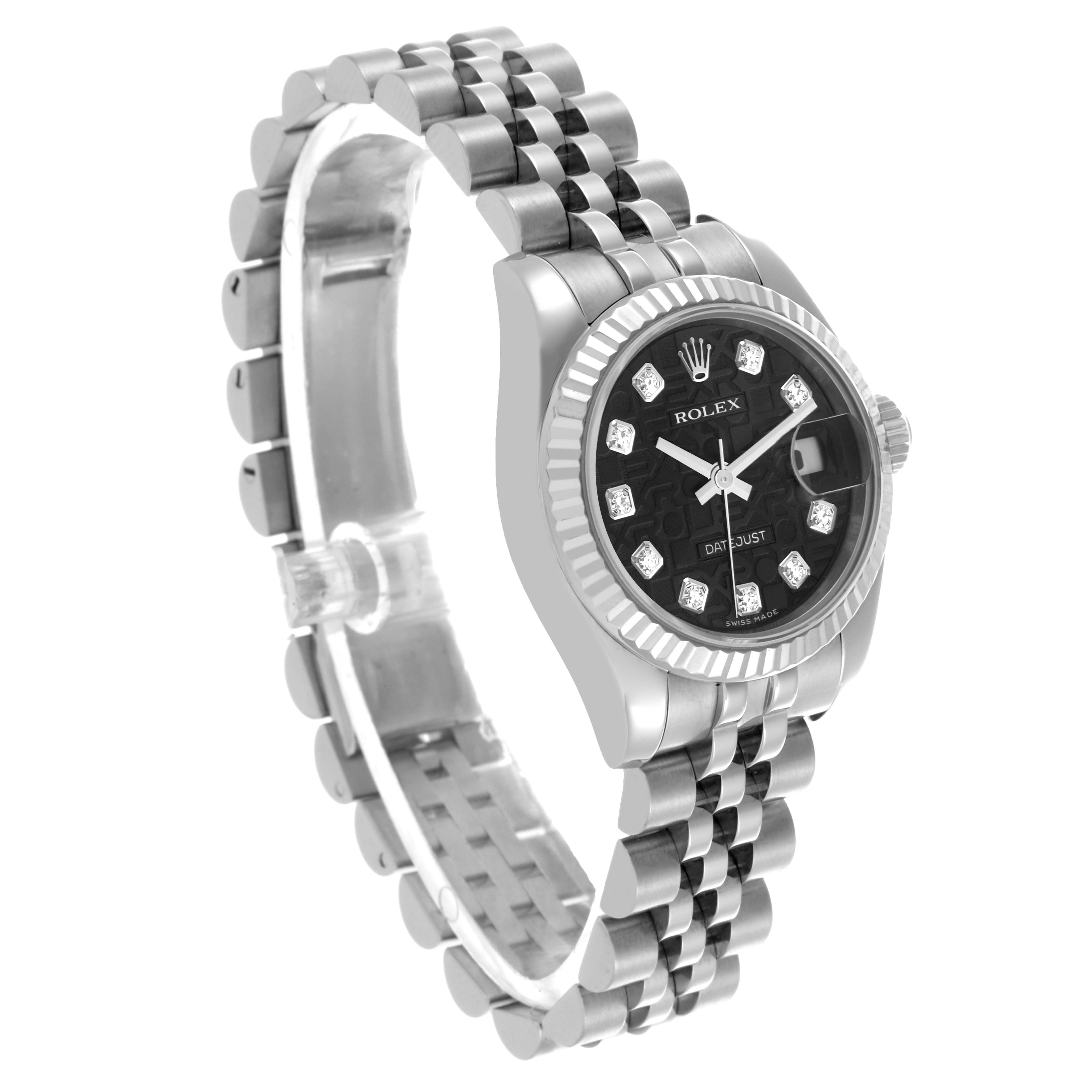 The Rolex Datejust 179174 Women
s Stainless Steel Black Dial 179174 Women
s Stainless Steel Black Dial watch is shown at a three-quarter angle, highlighting its bracelet, bezel, and dial.