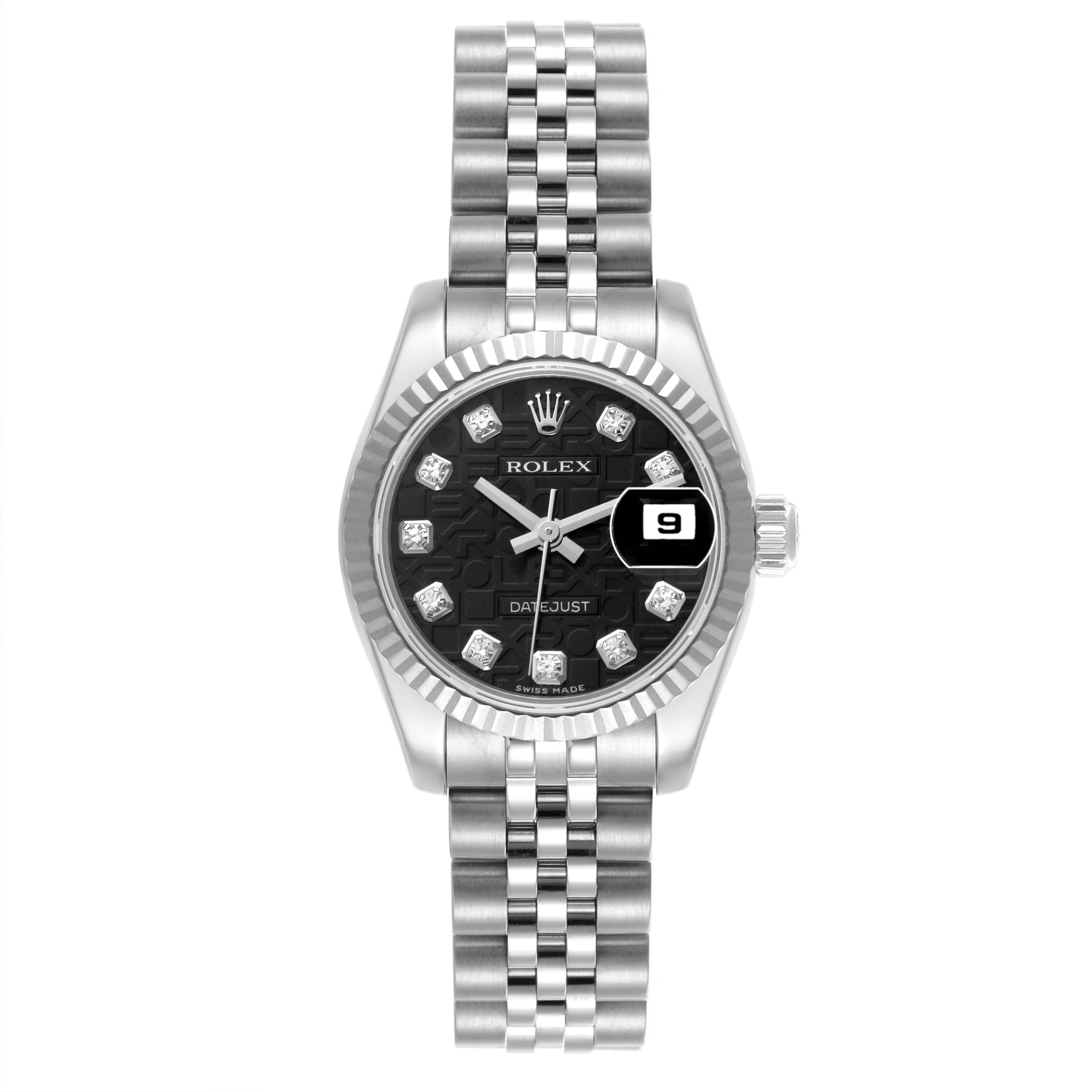 The image shows a front view of the Rolex Datejust 179174 Women
s Stainless Steel Black Dial 179174 Women
s Stainless Steel Black Dial, displaying the face, bezel, and jubilee bracelet.