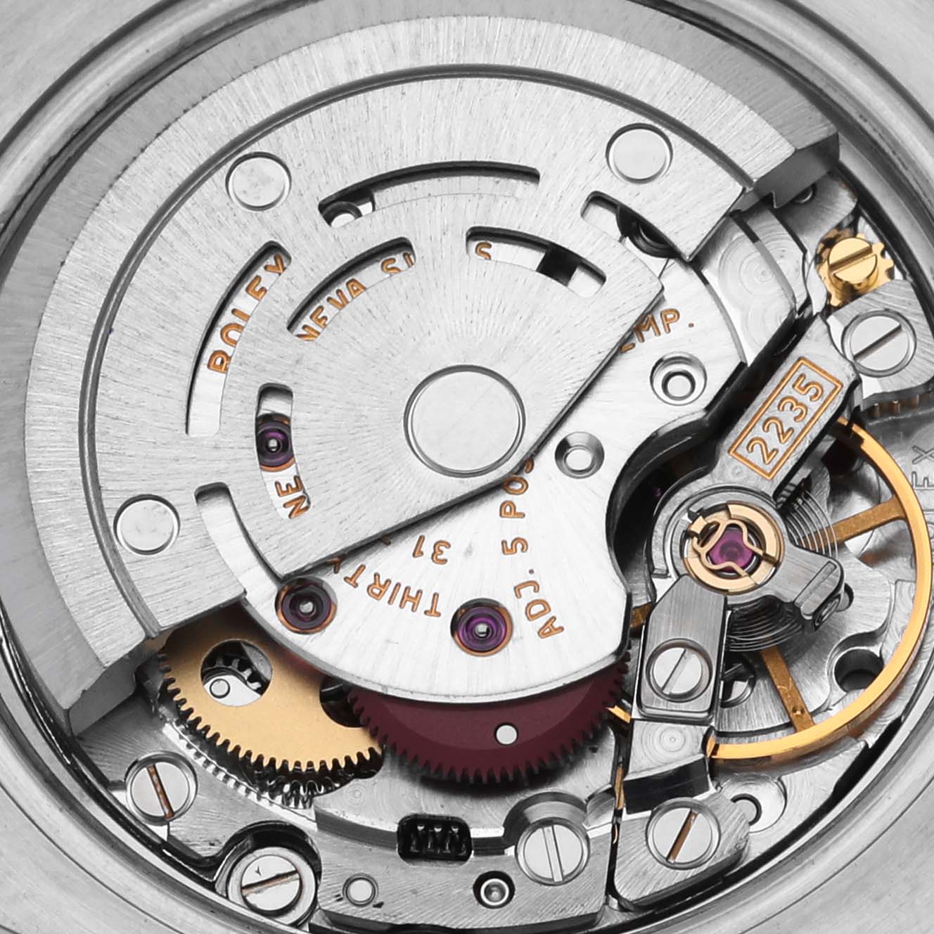 The image shows the inner movement mechanics of the Rolex Datejust 179174 Women
s Stainless Steel Black Dial 179174 Women
s Stainless Steel Black Dial watch from a top-down angle.