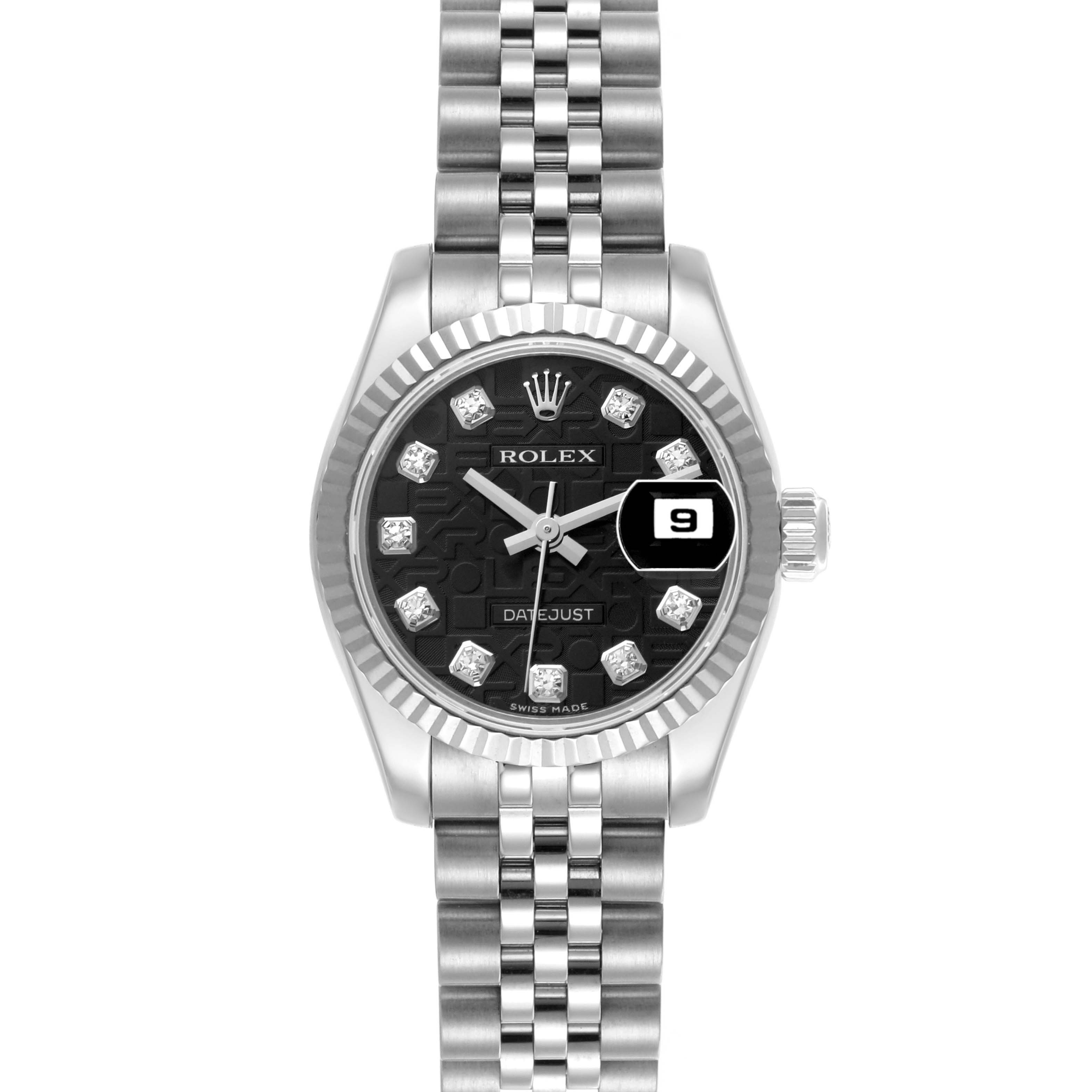The image shows a Rolex Datejust 179174 Women
s Stainless Steel Black Dial 179174 Women
s Stainless Steel Black Dial watch from a front angle, highlighting the dial, bezel, and bracelet.