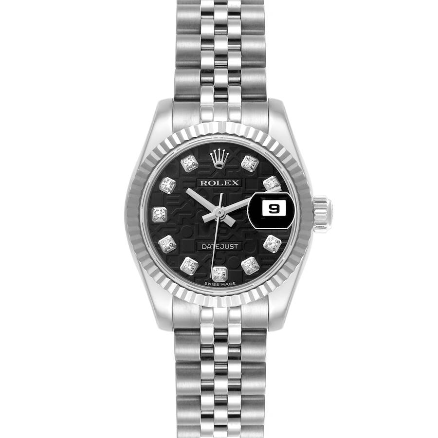 The image shows a Rolex Datejust watch from a front angle, highlighting the dial, bezel, and bracelet.