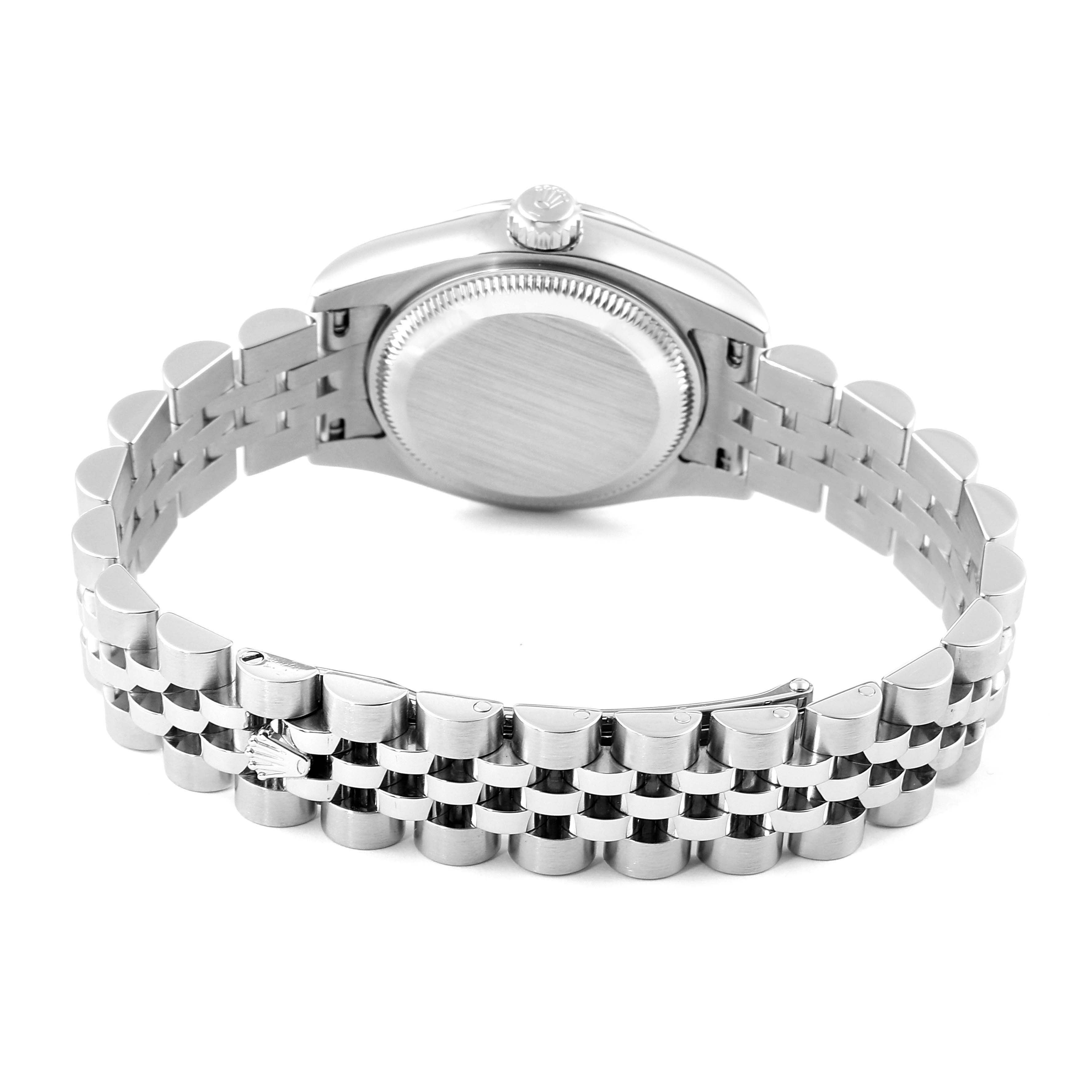 This is a view of the back and bracelet of the Rolex Datejust 179174 Women
s Stainless Steel Silver Dial 179174 Women
s Stainless Steel Silver Dial watch, highlighting the oystersteel case and jubilee bracelet.