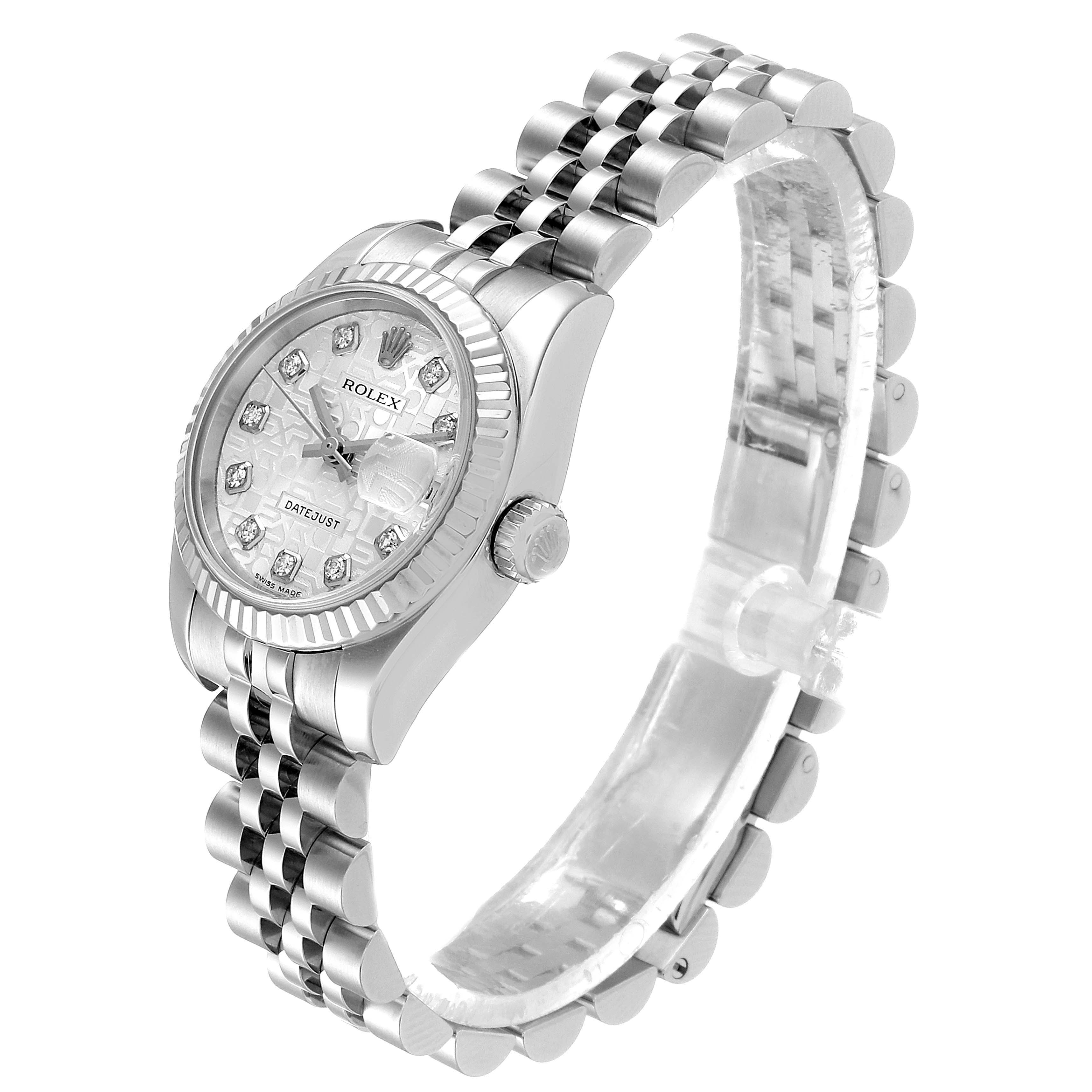 This image shows a side view of a Rolex Datejust 179174 Women
s Stainless Steel Silver Dial 179174 Women
s Stainless Steel Silver Dial watch, highlighting the bezel, dial, crown, and bracelet.