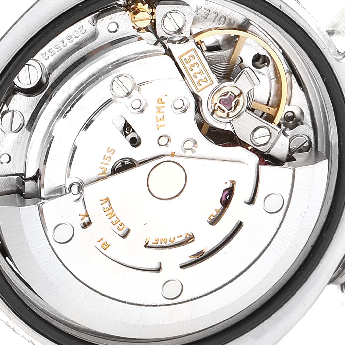 The image shows a close-up view of the movement and internal mechanisms of a Rolex Datejust 179174 Women
s Stainless Steel Silver Dial 179174 Women
s Stainless Steel Silver Dial watch.