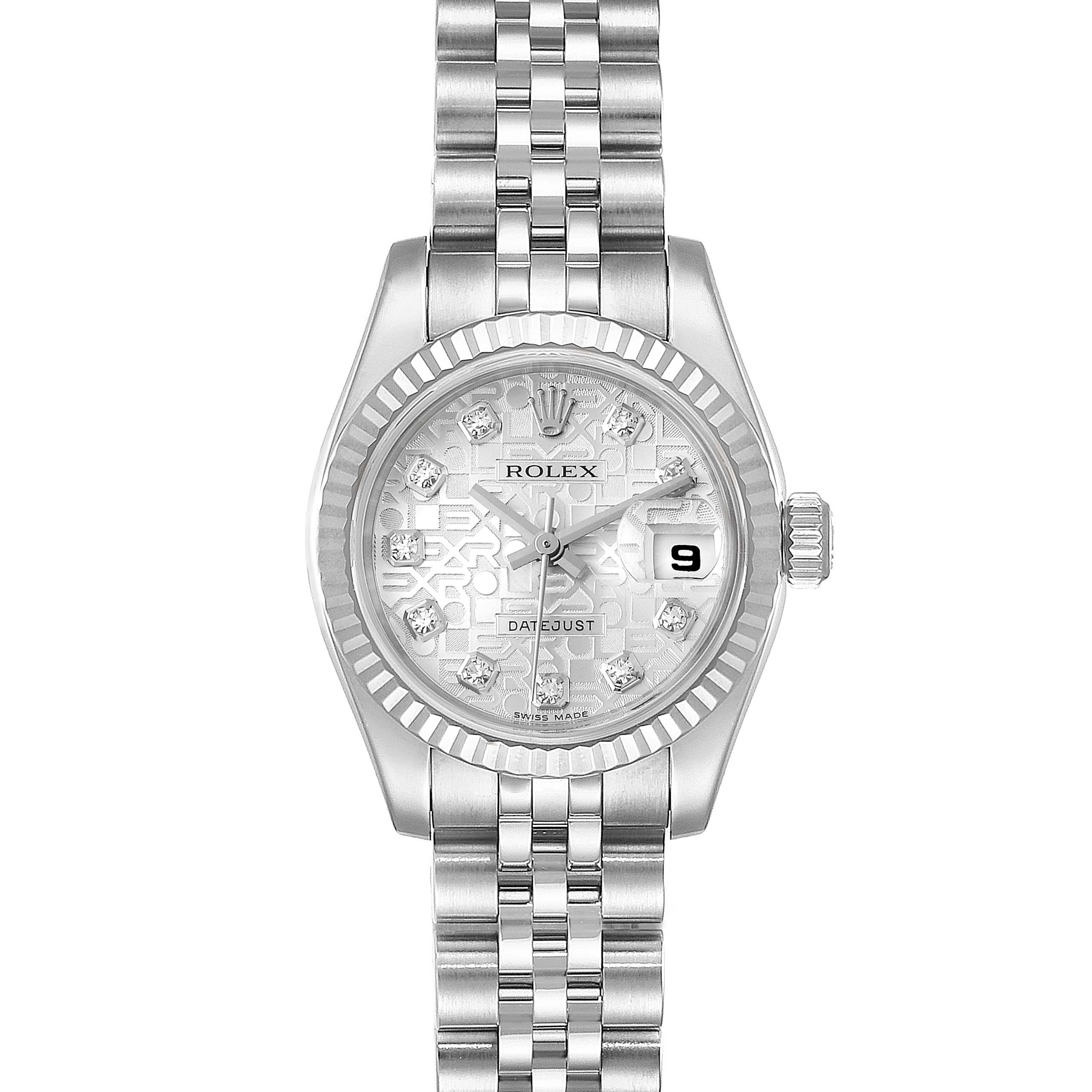This image displays a front view of a Rolex Datejust 179174 Women
s Stainless Steel Silver Dial 179174 Women
s Stainless Steel Silver Dial watch showing the dial, bezel, and part of the bracelet.