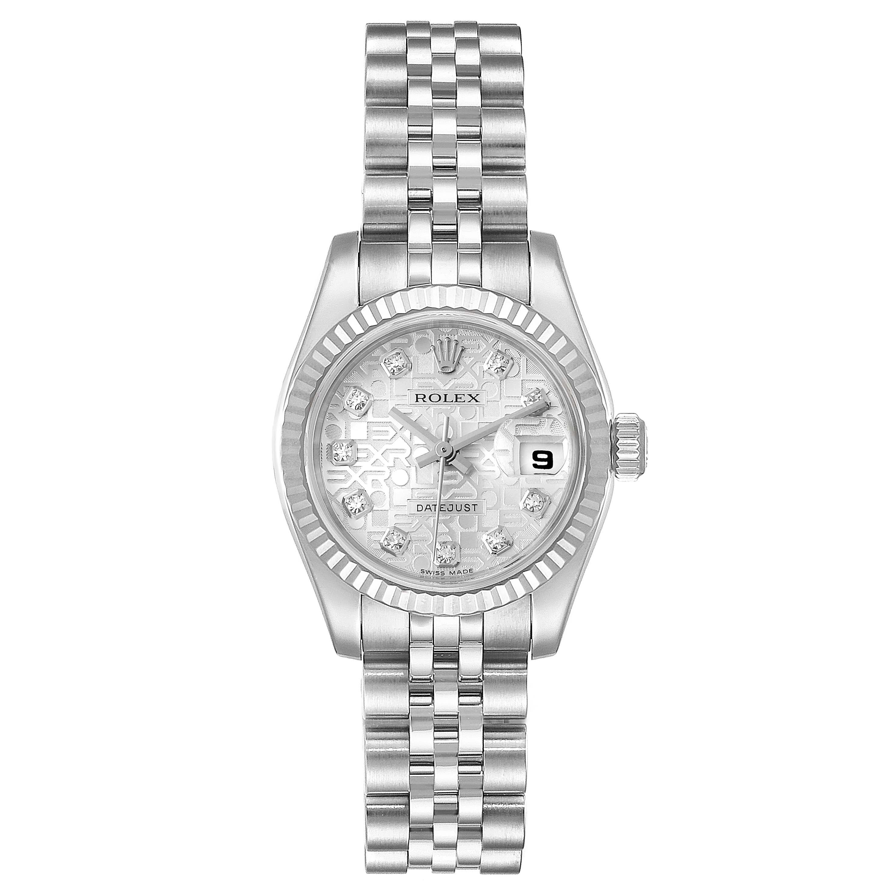 The image shows a front view of a Rolex Datejust 179174 Women
s Stainless Steel Silver Dial 179174 Women
s Stainless Steel Silver Dial watch, displaying its face, bracelet, and bezel.