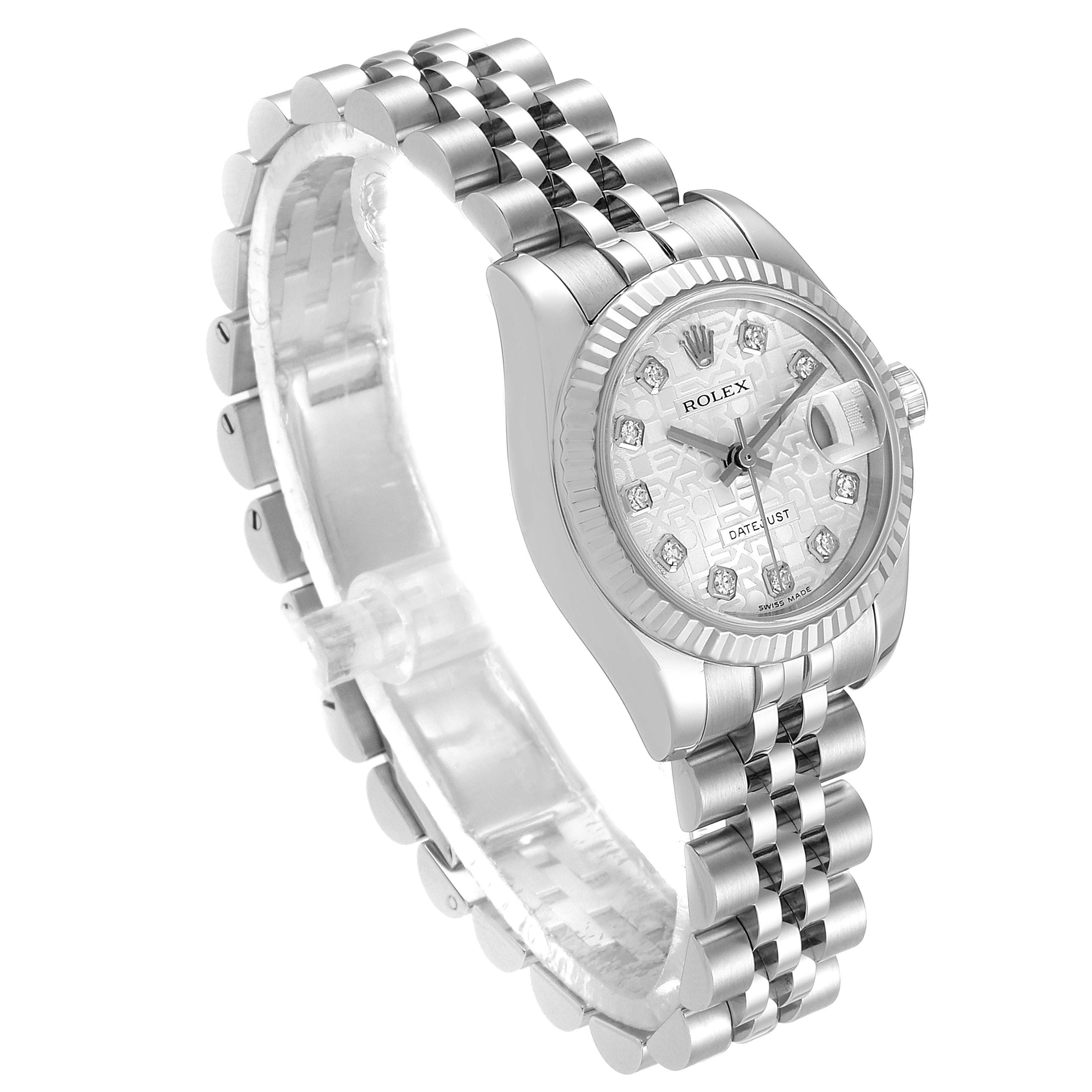 The image shows a Rolex Datejust 179174 Women
s Stainless Steel Silver Dial 179174 Women
s Stainless Steel Silver Dial watch at a slight angle highlighting the bracelet, dial, and bezel.