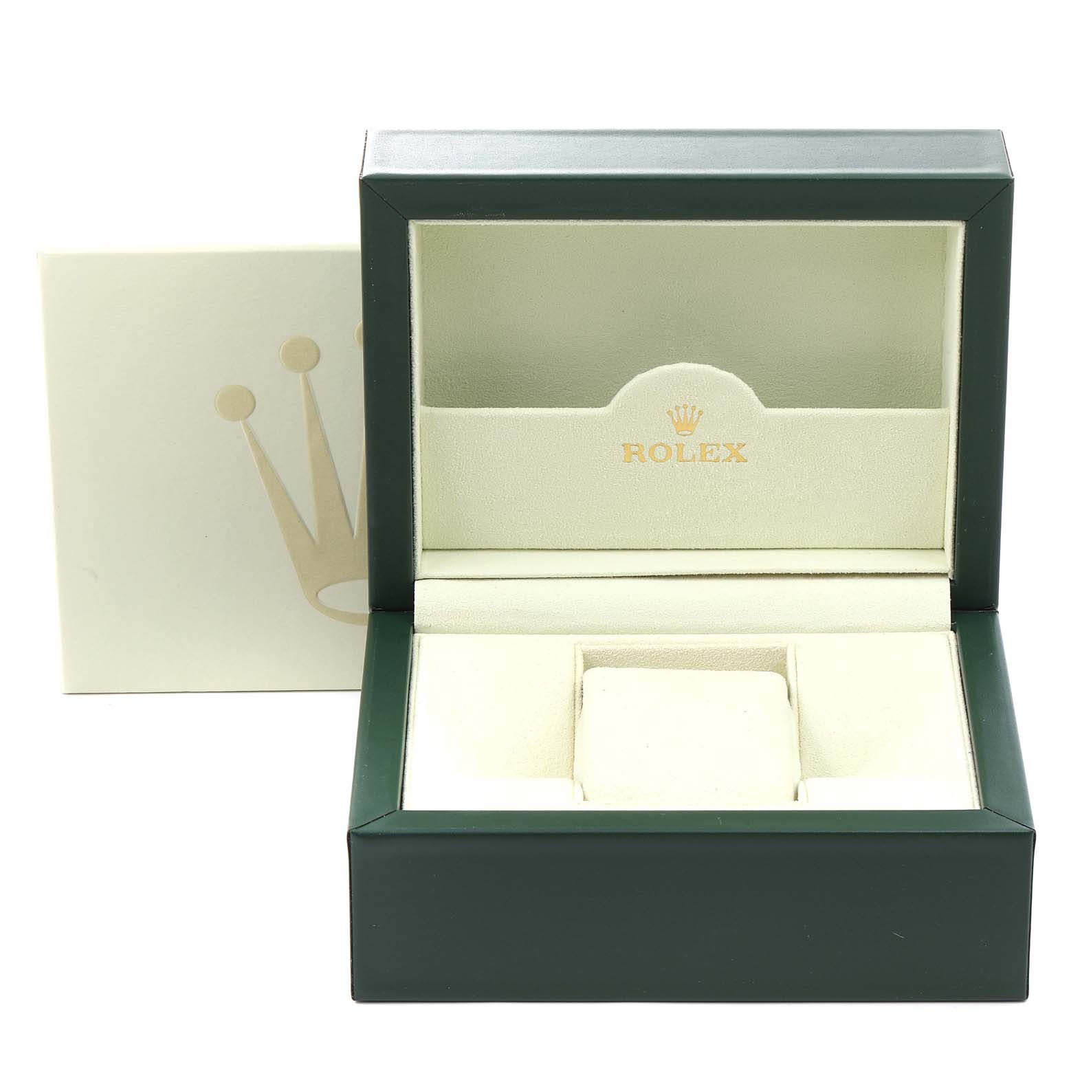 The image shows an open Rolex Datejust 179174 Women
s Stainless Steel Silver Dial 179174 Women
s Stainless Steel Silver Dial watch box, displaying the interior and cushion for the watch.