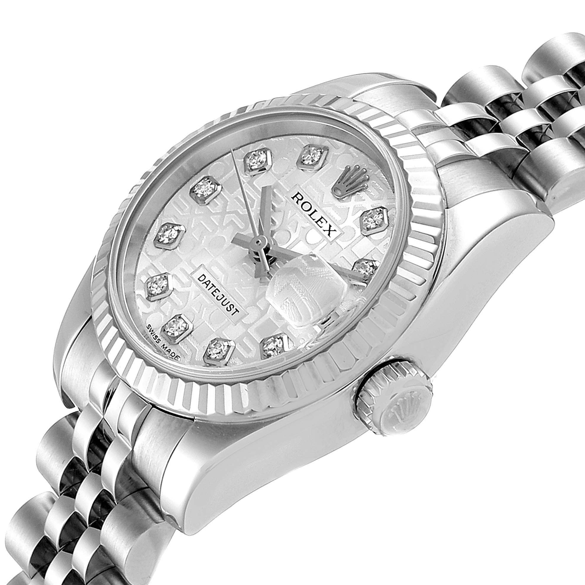 This image shows a close-up angle of the Rolex Datejust 179174 Women
s Stainless Steel Silver Dial 179174 Women
s Stainless Steel Silver Dial, focusing on the watch face, bezel, crown, and bracelet.