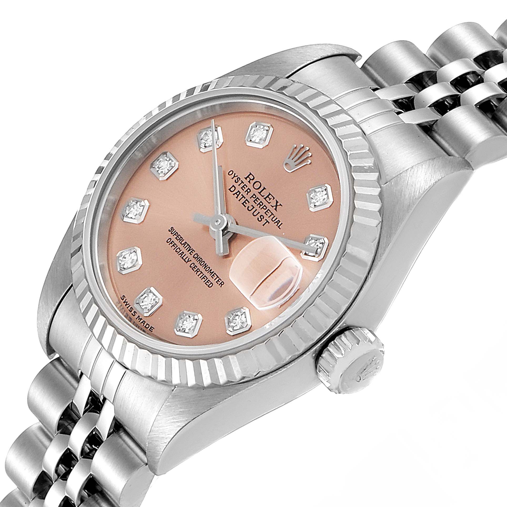 The image shows a Rolex Datejust 79174 Women
s Stainless Steel Pink Dial 79174 Women
s Stainless Steel Pink Dial watch from a slight angle, highlighting the dial, bezel, crown, and bracelet.