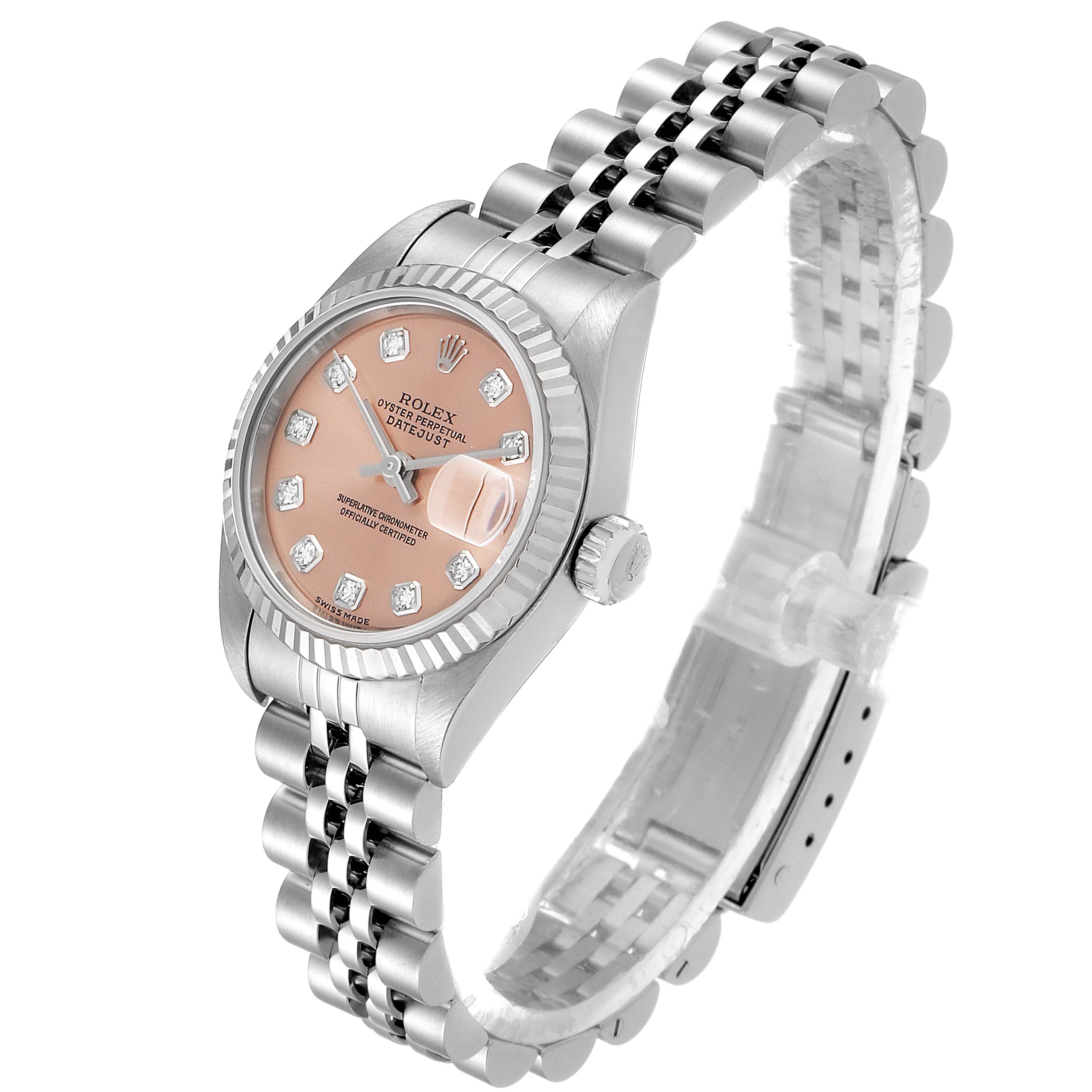 The Rolex Datejust 79174 Women
s Stainless Steel Pink Dial 79174 Women
s Stainless Steel Pink Dial watch is shown at a three-quarter angle, displaying its dial, bezel, crown, and Jubilee bracelet.