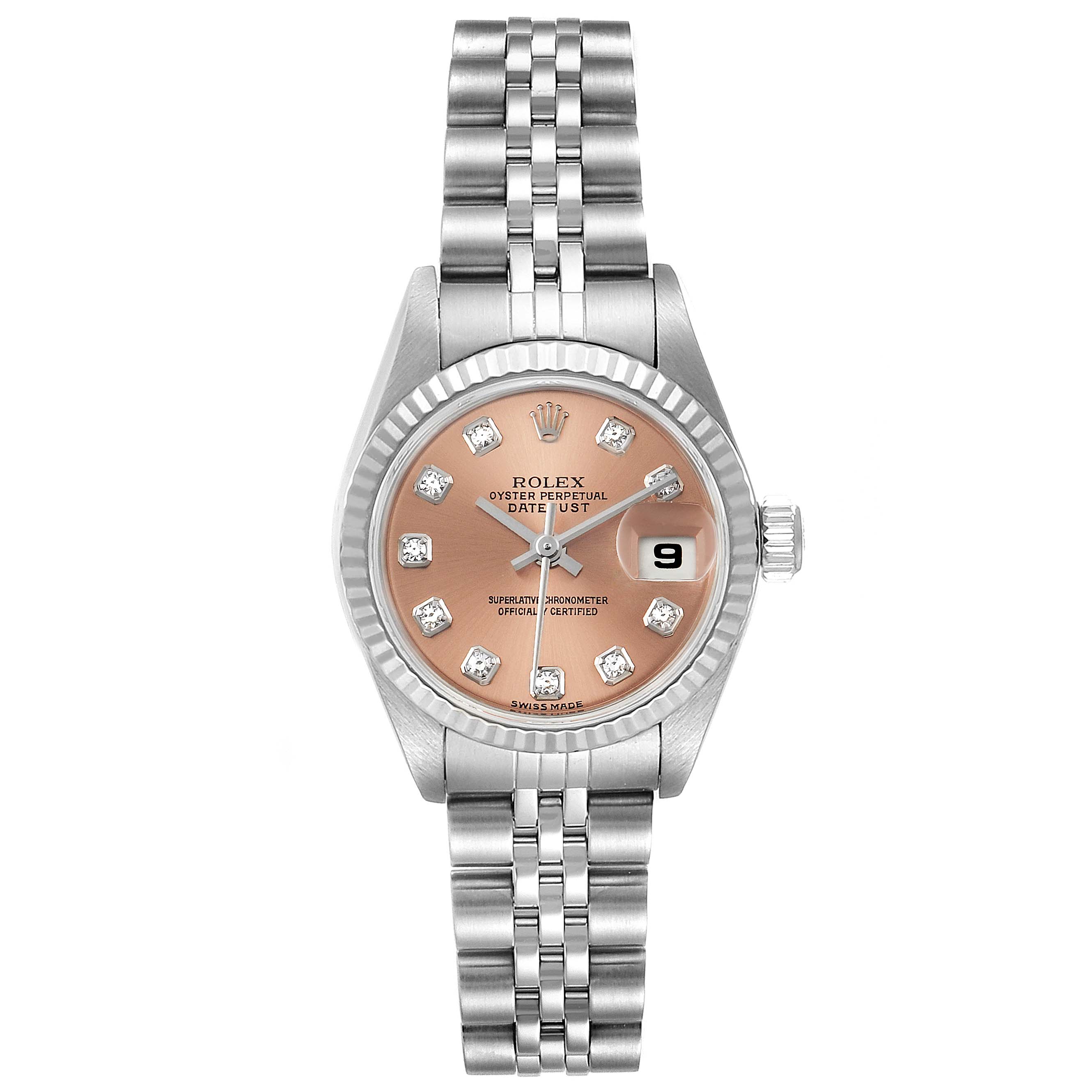 The image shows a face-on view of a Rolex Datejust 79174 Women
s Stainless Steel Pink Dial 79174 Women
s Stainless Steel Pink Dial watch, featuring a jubilee bracelet and a diamond-set rose gold dial.