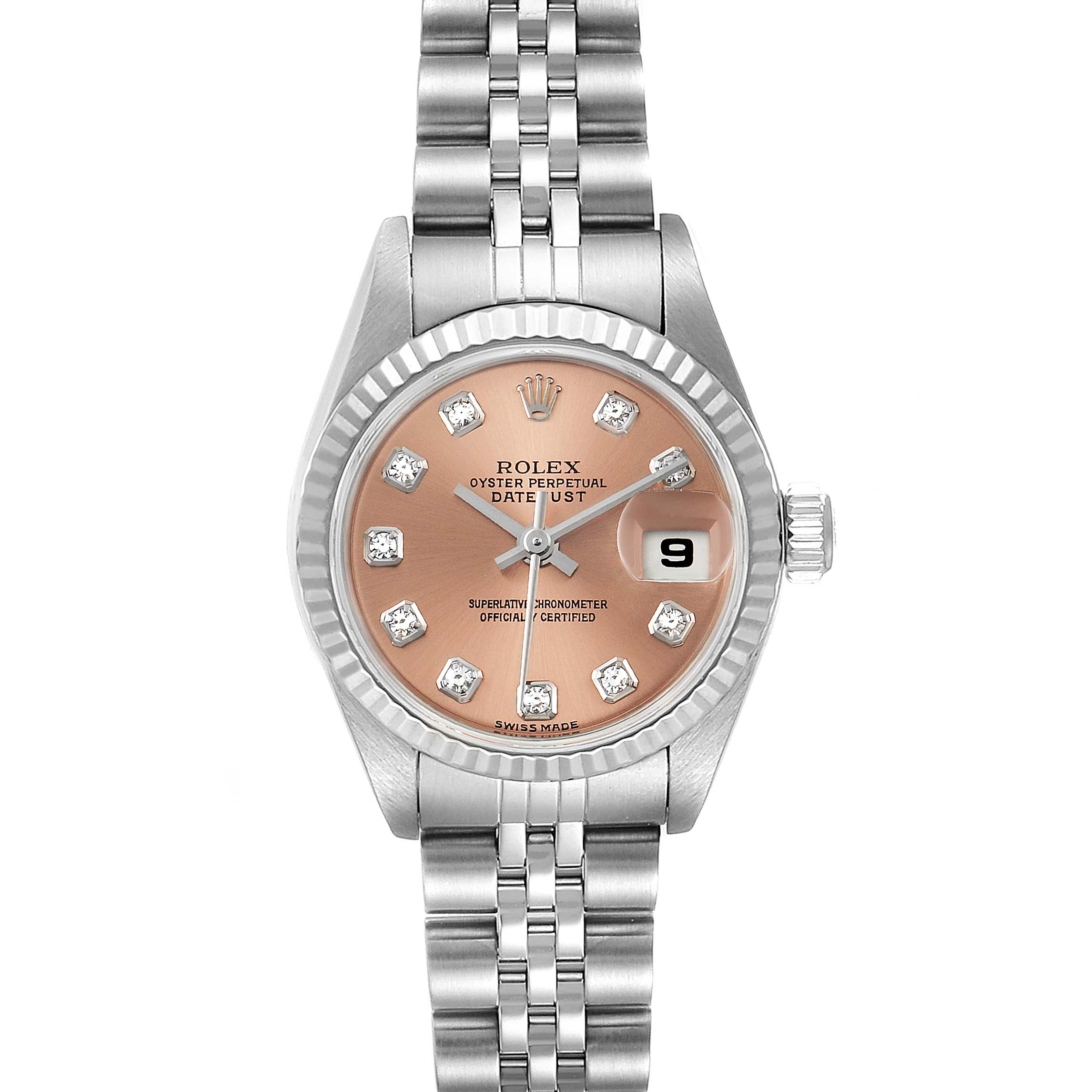 This Rolex Datejust 79174 Women
s Stainless Steel Pink Dial 79174 Women
s Stainless Steel Pink Dial watch is shown from a top-down angle, displaying its face, bezel, and bracelet.