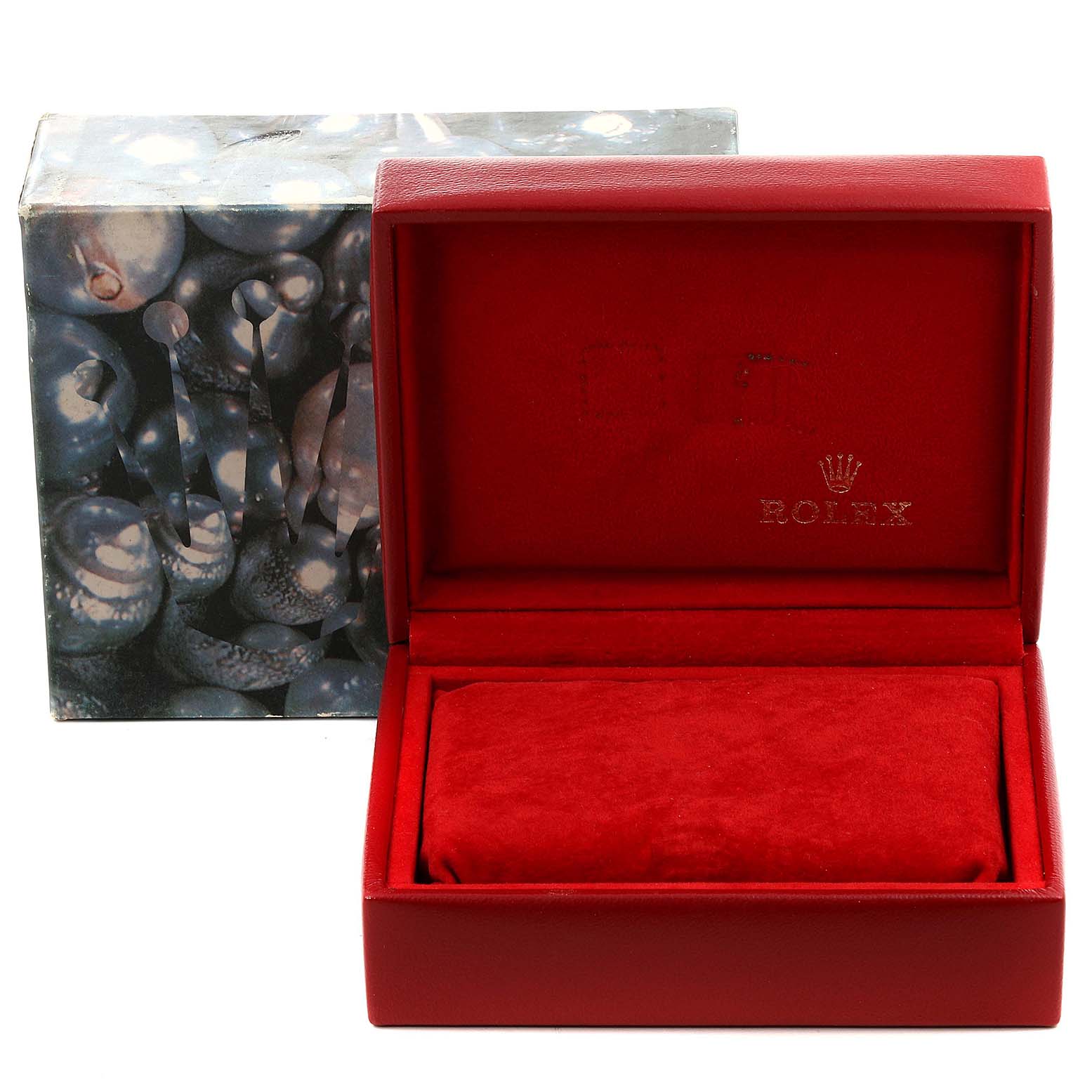 The image shows an open Rolex Datejust 79174 Women
s Stainless Steel Pink Dial 79174 Women
s Stainless Steel Pink Dial watch box laid inside a decorative outer box.