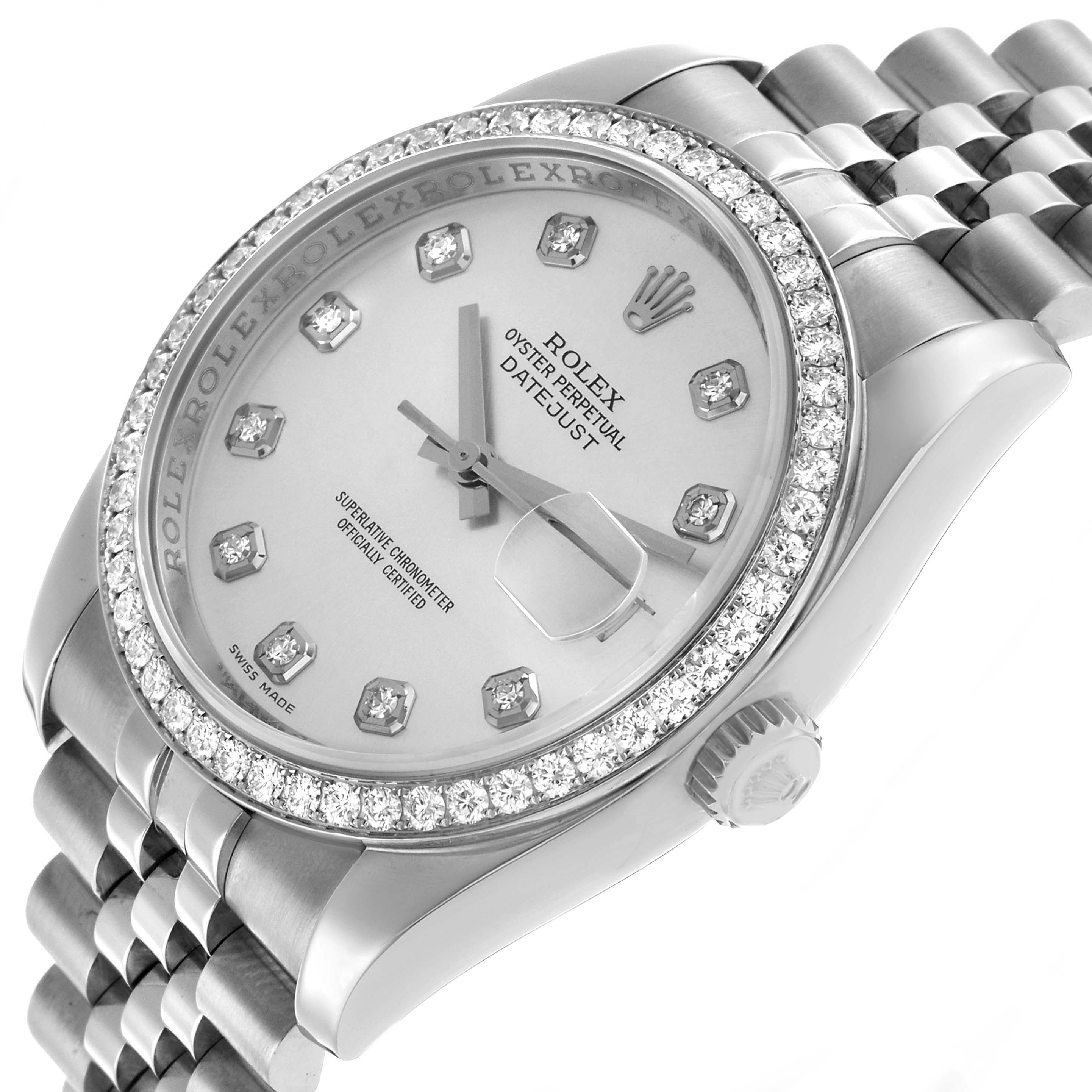 The Rolex Datejust 116244 Men's Stainless Steel Silver Dial watch is shown at an angled view, highlighting the diamond bezel, bracelet, dial, and crown.