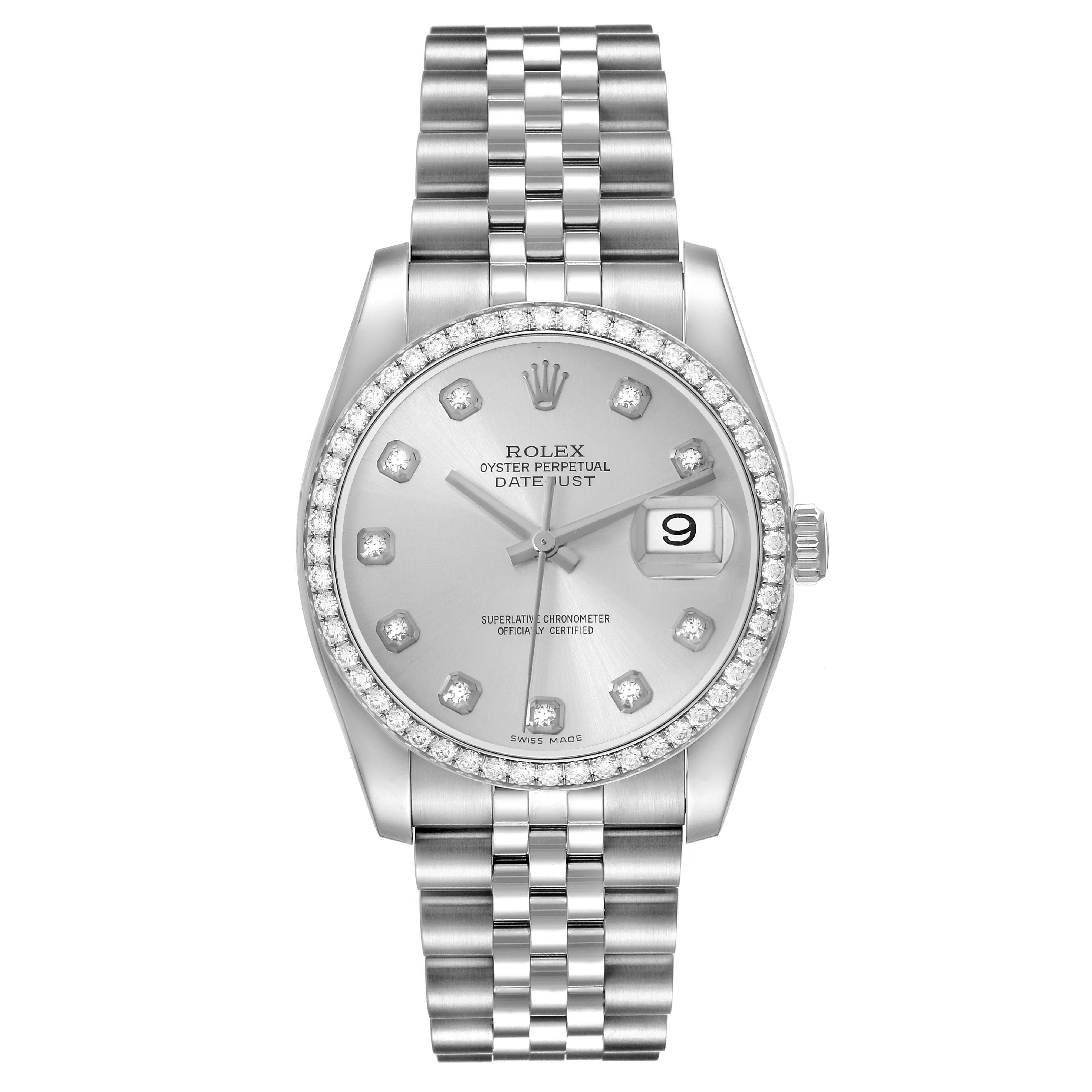 The Rolex Datejust 116244 Men's Stainless Steel Silver Dial watch is shown from the front, highlighting the dial, bezel, and bracelet.