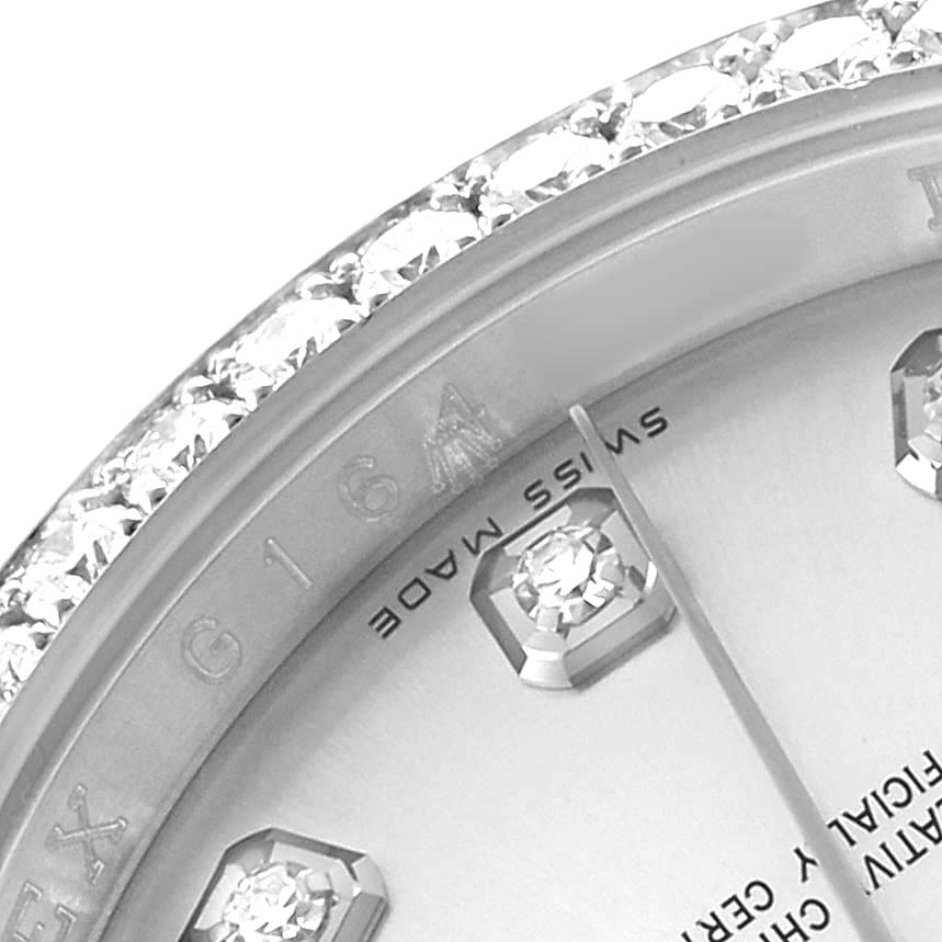 The image shows a close-up of the dial and bezel of a Rolex Datejust 116244 Men's Stainless Steel Silver Dial, focusing on diamond hour markers and edge details.