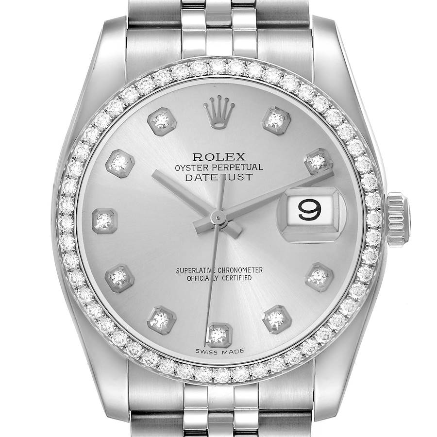 The Rolex Datejust 116244 Men's Stainless Steel Silver Dial watch is shown from a front angle, highlighting the dial, bezel, and part of the bracelet.